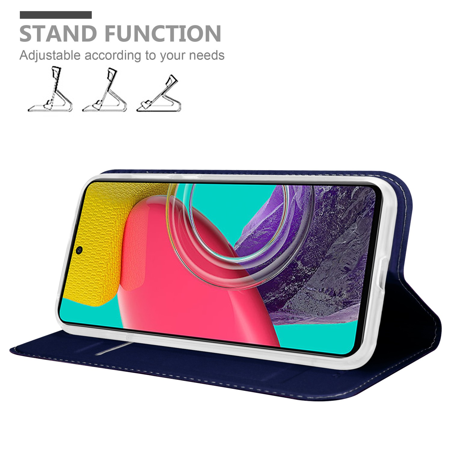 Custodia per telefono blu scuro aperta. Funzione stand, regolabile in base alle esigenze.