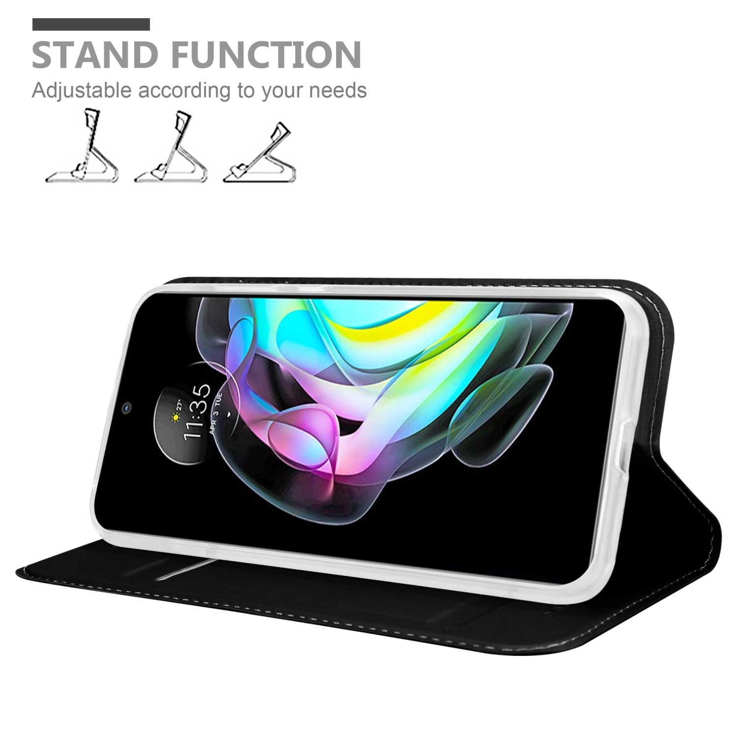 Schwarze Handyhülle mit Telefon, Illustration der Standfunktion.