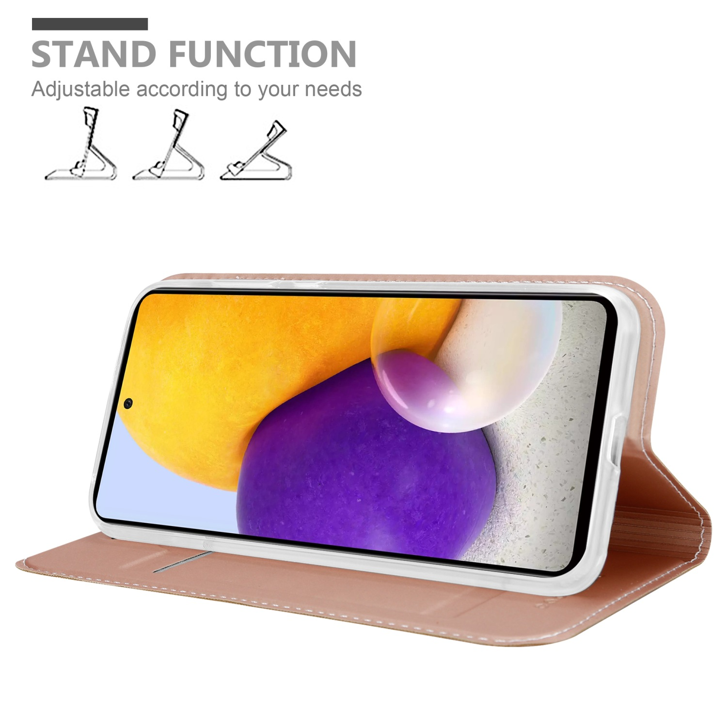 Un telefono in una custodia color rosa è appoggiato. La custodia è aperta e lo schermo del telefono è visibile.