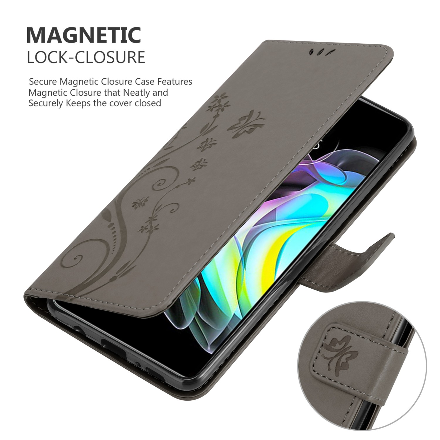 Una custodia grigia per telefono con un design floreale è aperta, mostrando un telefono.