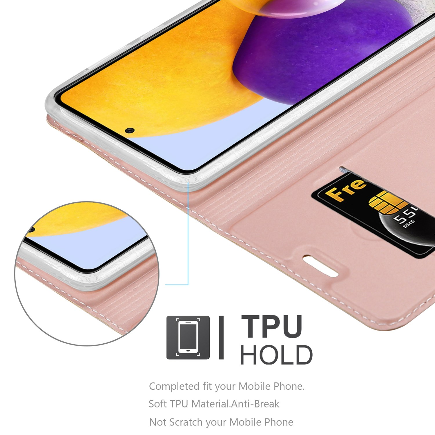 Custodia rosa per telefono, aperta, con una carta. Testo: Supporto in TPU.
