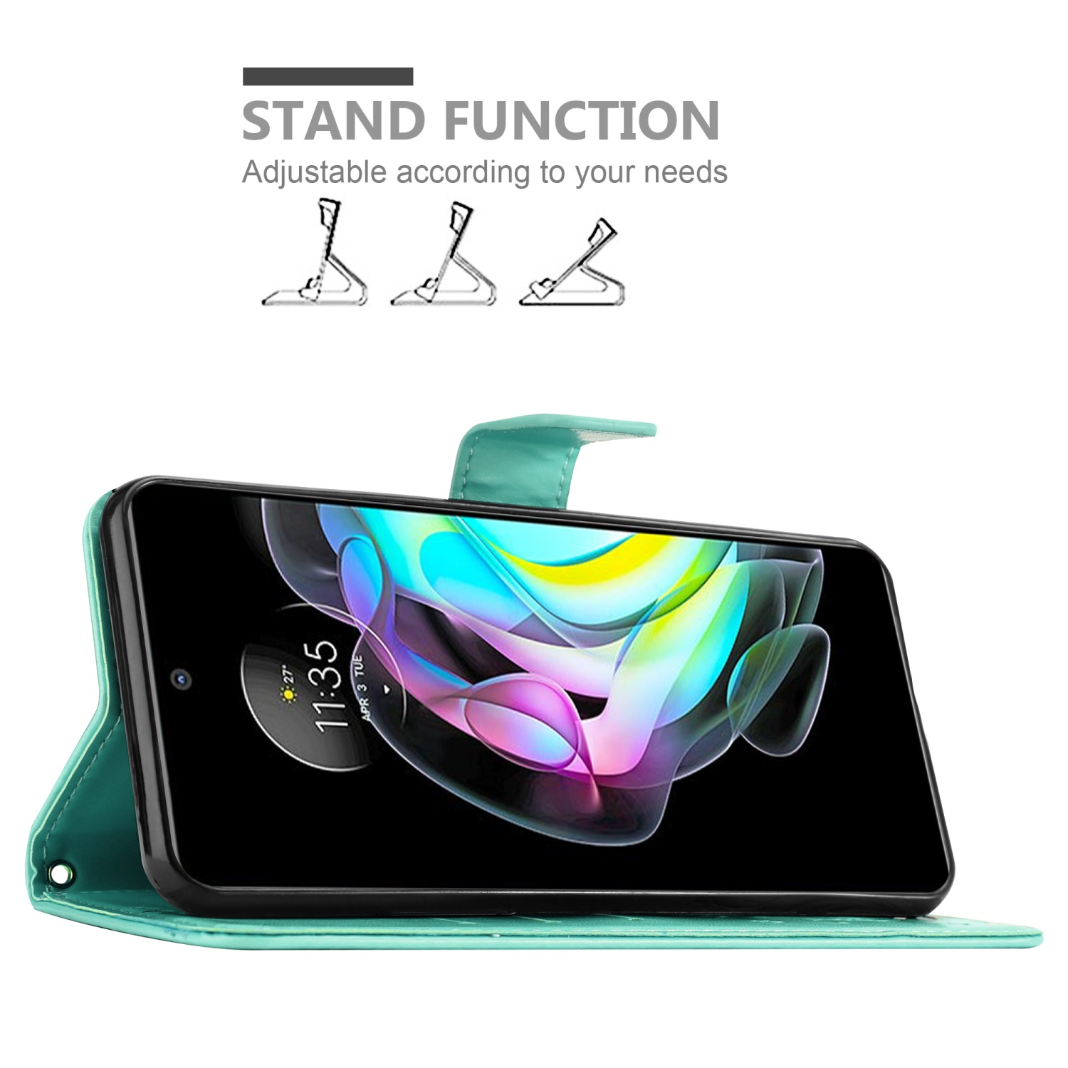 Custodia per telefono verde con telefono visibile, con la scritta 'funzione supporto'.
