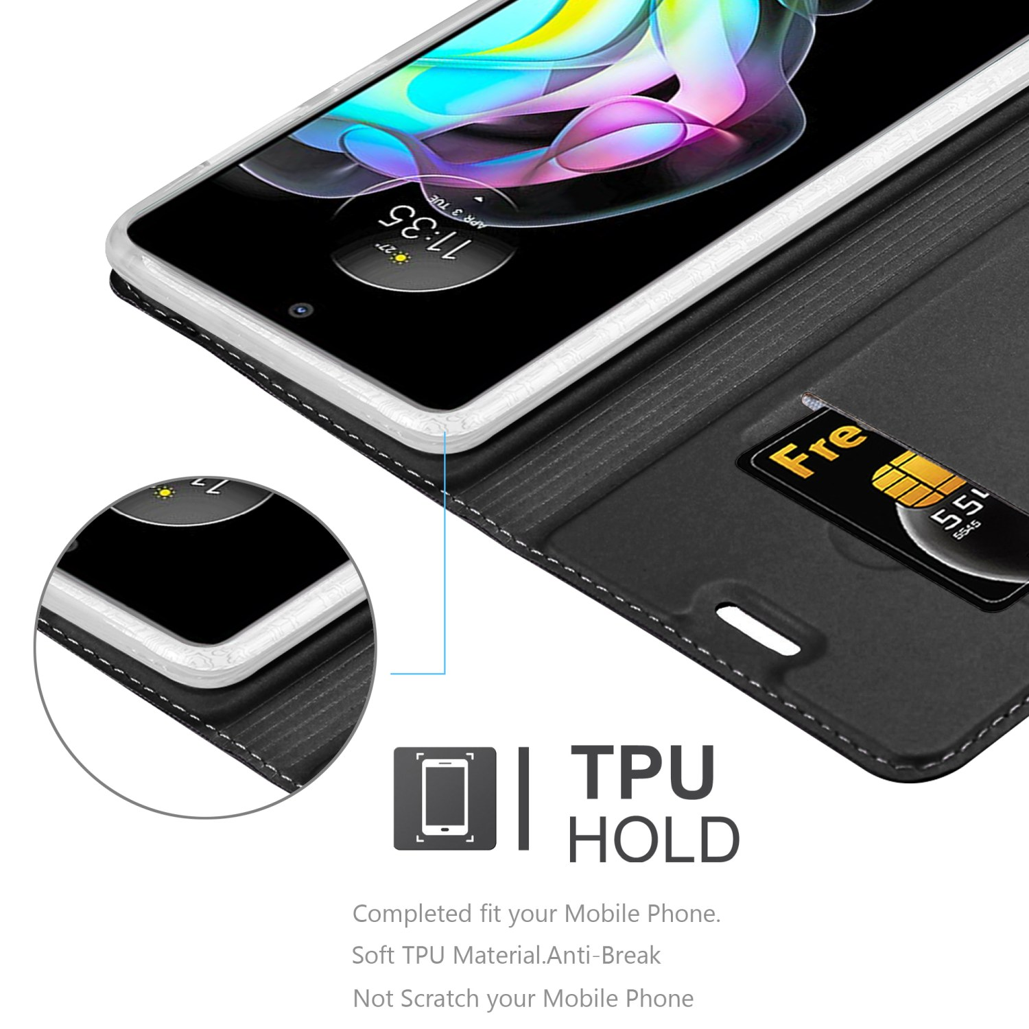 Schwarze Handyhülle mit Kreditkarte. Ein Telefon ist rechts platziert. Text: TPU HALTEN.