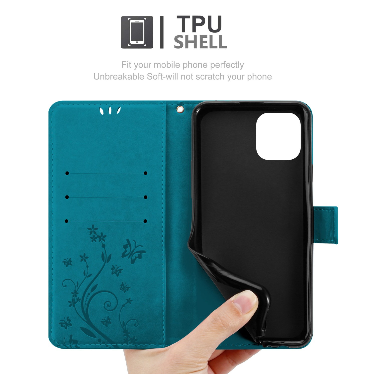 Custodia per telefono color verde acqua con design floreale e motivi a farfalla. All'interno è tenuto un telefono nero.