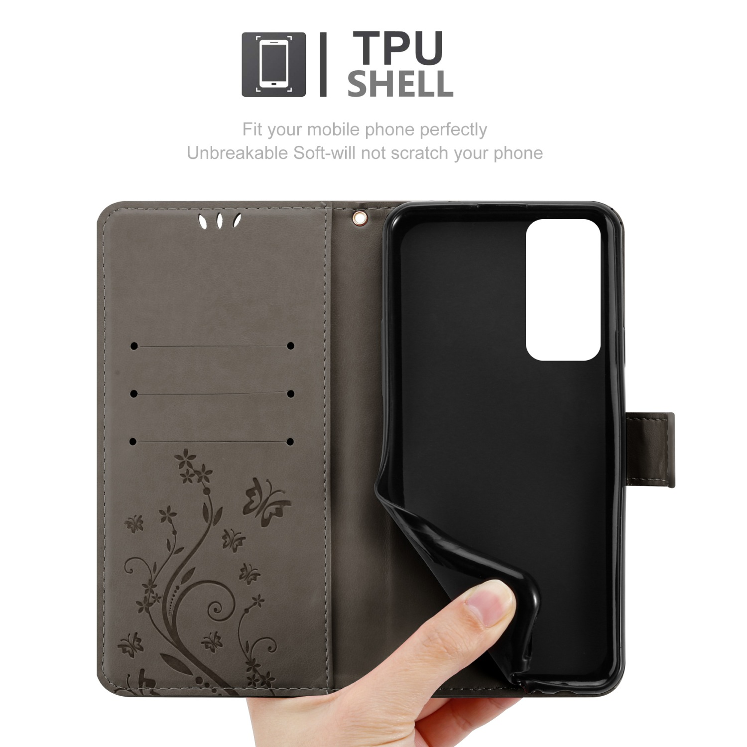 Una custodia per telefono aperta con una mano che tiene il telefono, con motivo floreale e fessure per carte.