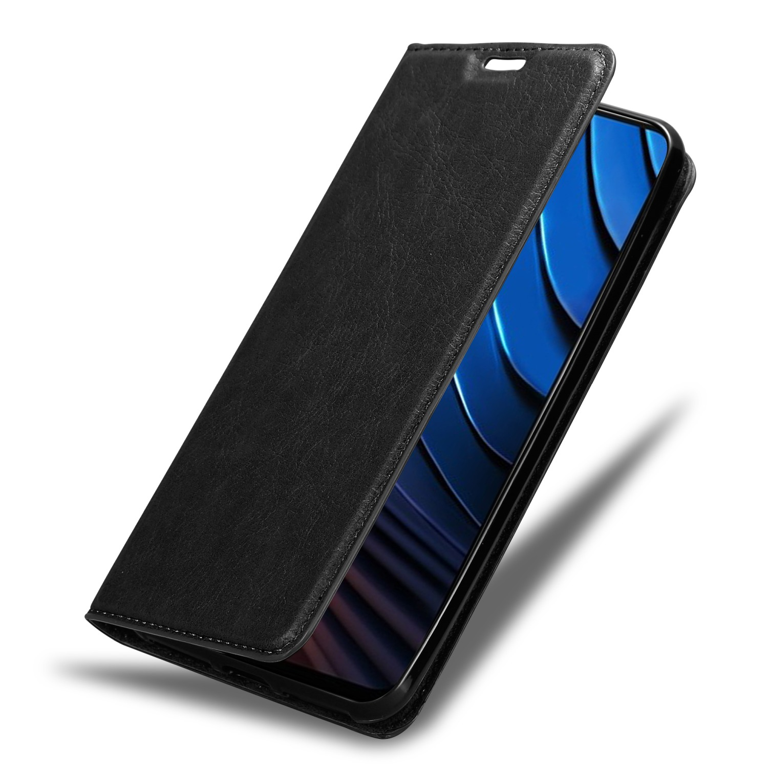 Schwarze Leder-Handyhülle, geöffnet, um das Telefon im Inneren zu zeigen. Das Telefon hat einen blauen Hintergrund.