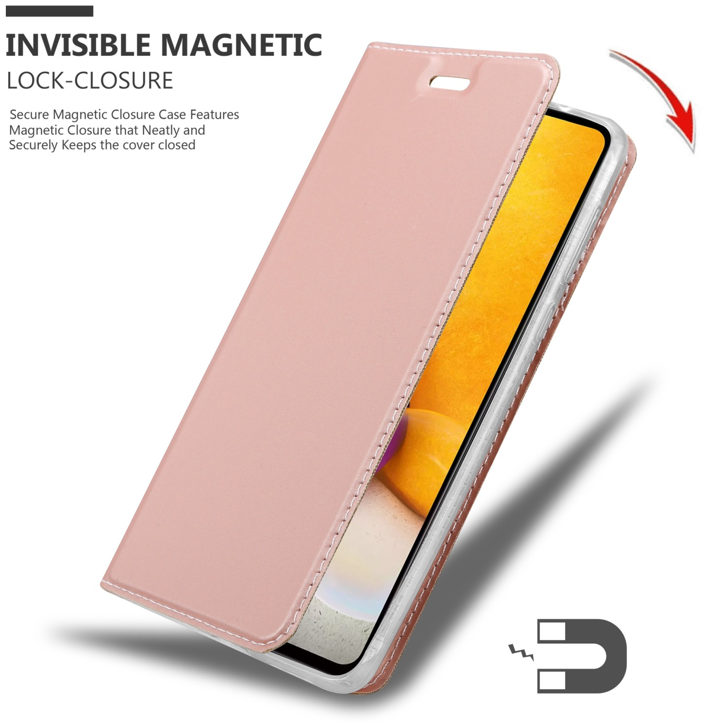 Custodia per telefono rosa, aperta. Chiusura magnetica. Schermo del telefono visibile. Sfondo bianco.