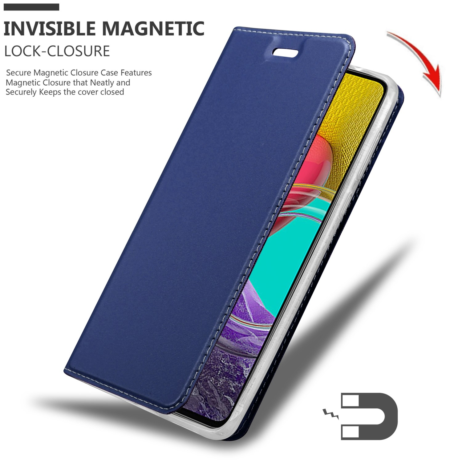 Custodia blu per telefono che si apre per rivelare un telefono. Chiusura magnetica evidenziata.