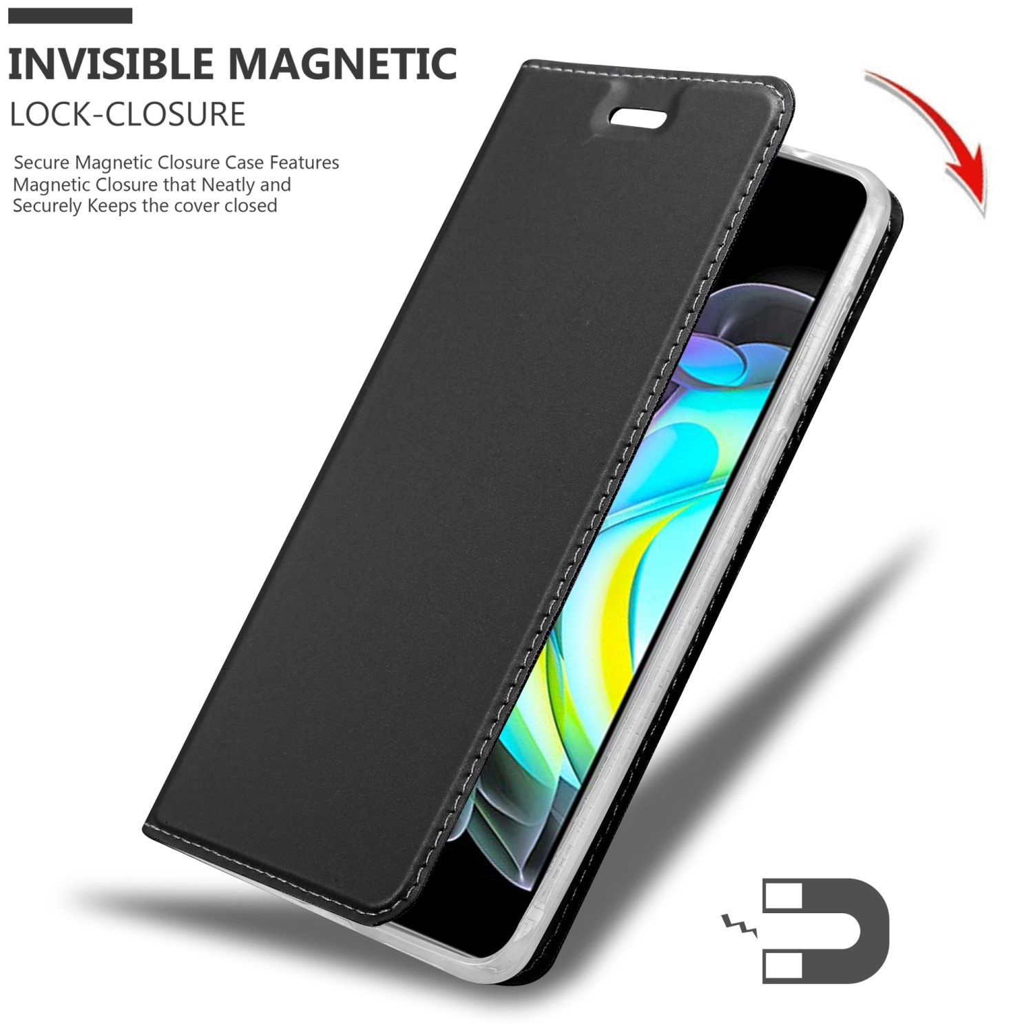 Schwarze Handyhülle offen. Zeigt ein Telefon im Inneren. Ein Magnet wird gezeigt. Weißer Hintergrund.