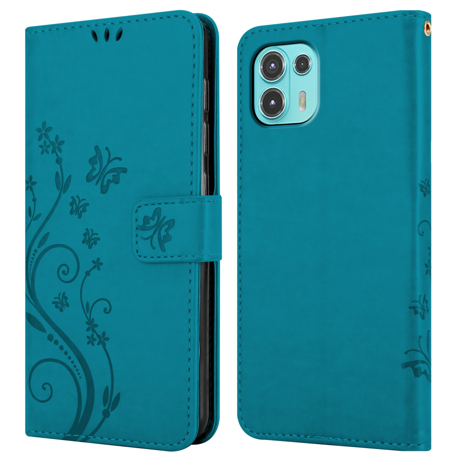 Custodia per telefono color teal con design floreale, viste aperta e chiusa.