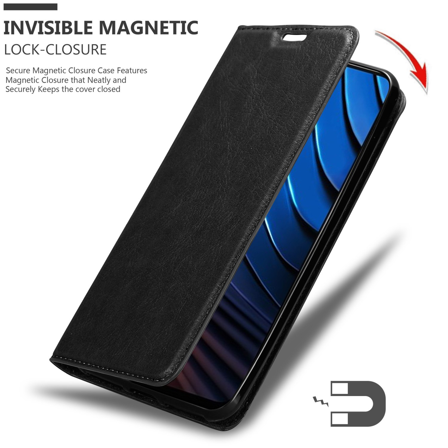 Eine schwarze Handyhülle ist offen und zeigt ein Telefon. Ein Magnetverschluss und ein roter Pfeil sind sichtbar.