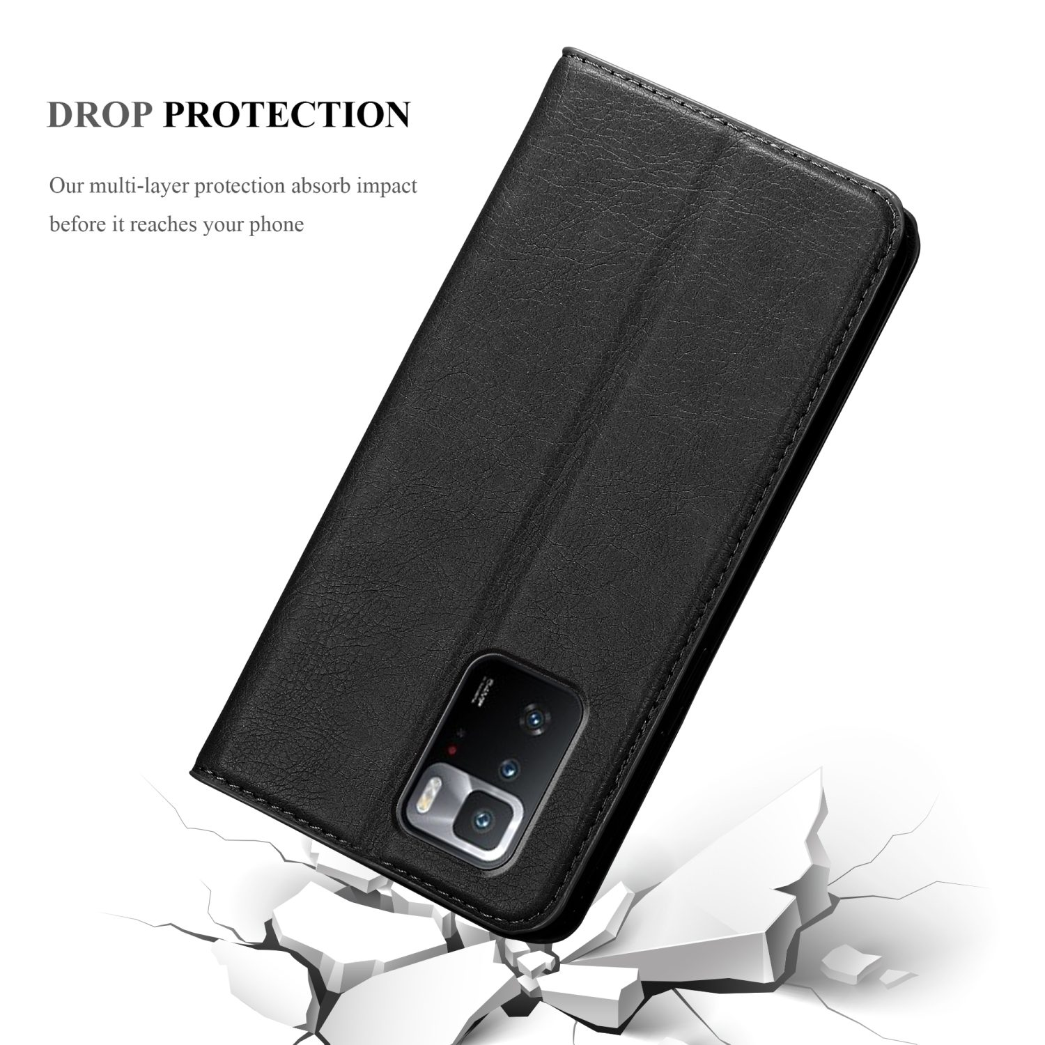 Eine schwarze Handyhülle ist geöffnet, mit einem Telefon darin und einem zerbrochenen Boden im Vordergrund.