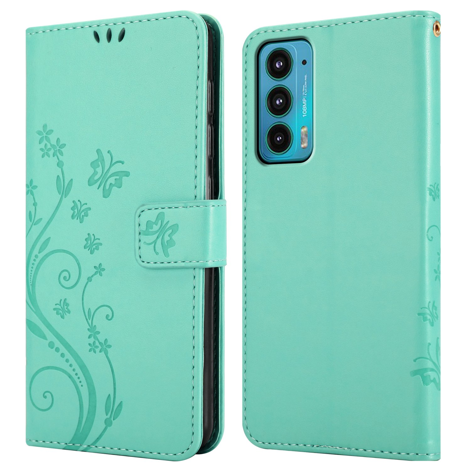 Una custodia per telefono verde acqua, che mostra il design con motivo a farfalla e tre fotocamere.