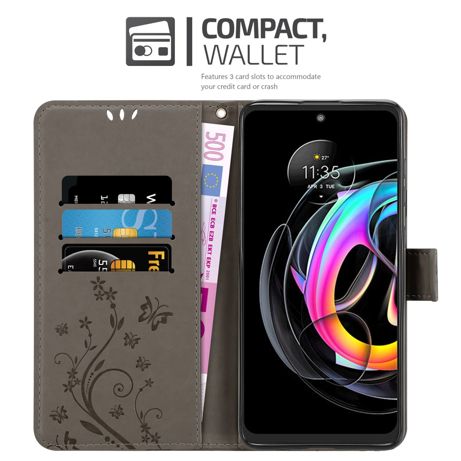 Custodia grigia con carte e denaro all'interno. Lo schermo del telefono mostra design e ora.
