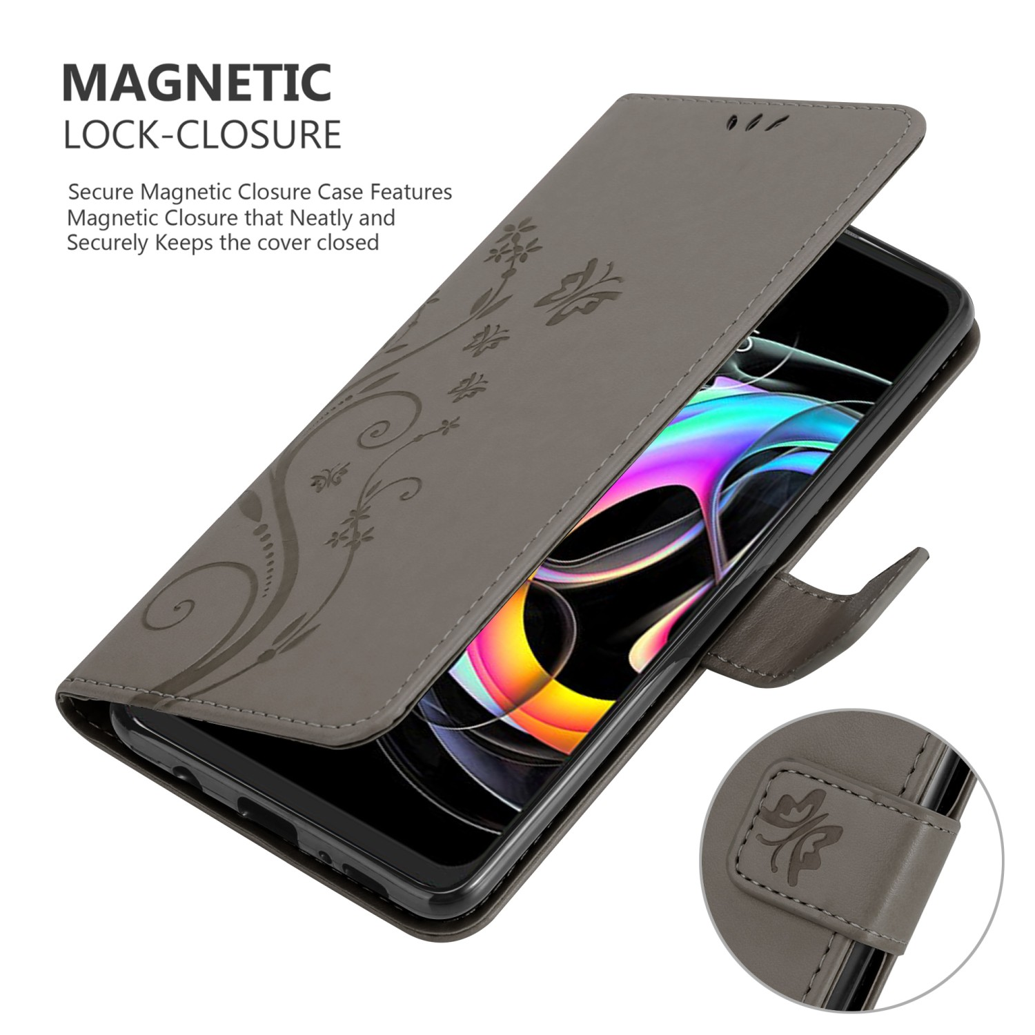 Una custodia per telefono grigia con design floreale e un magnete. La custodia è aperta e mostra il telefono. Chiusura magnetica.