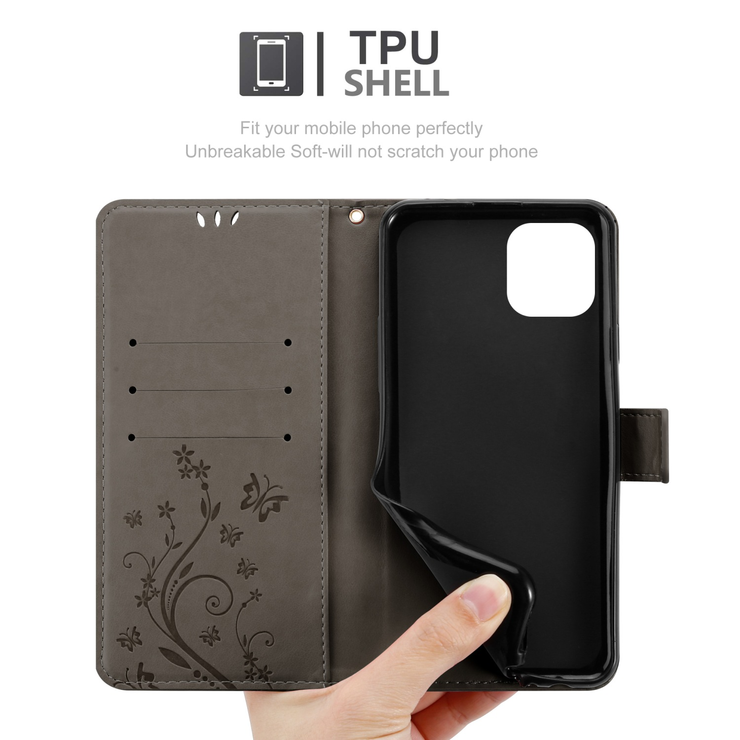 Custodia per telefono, aperta. Testo: Guscio in TPU. Adatta perfettamente il tuo cellulare. Morbido infrangibile - non graffia.