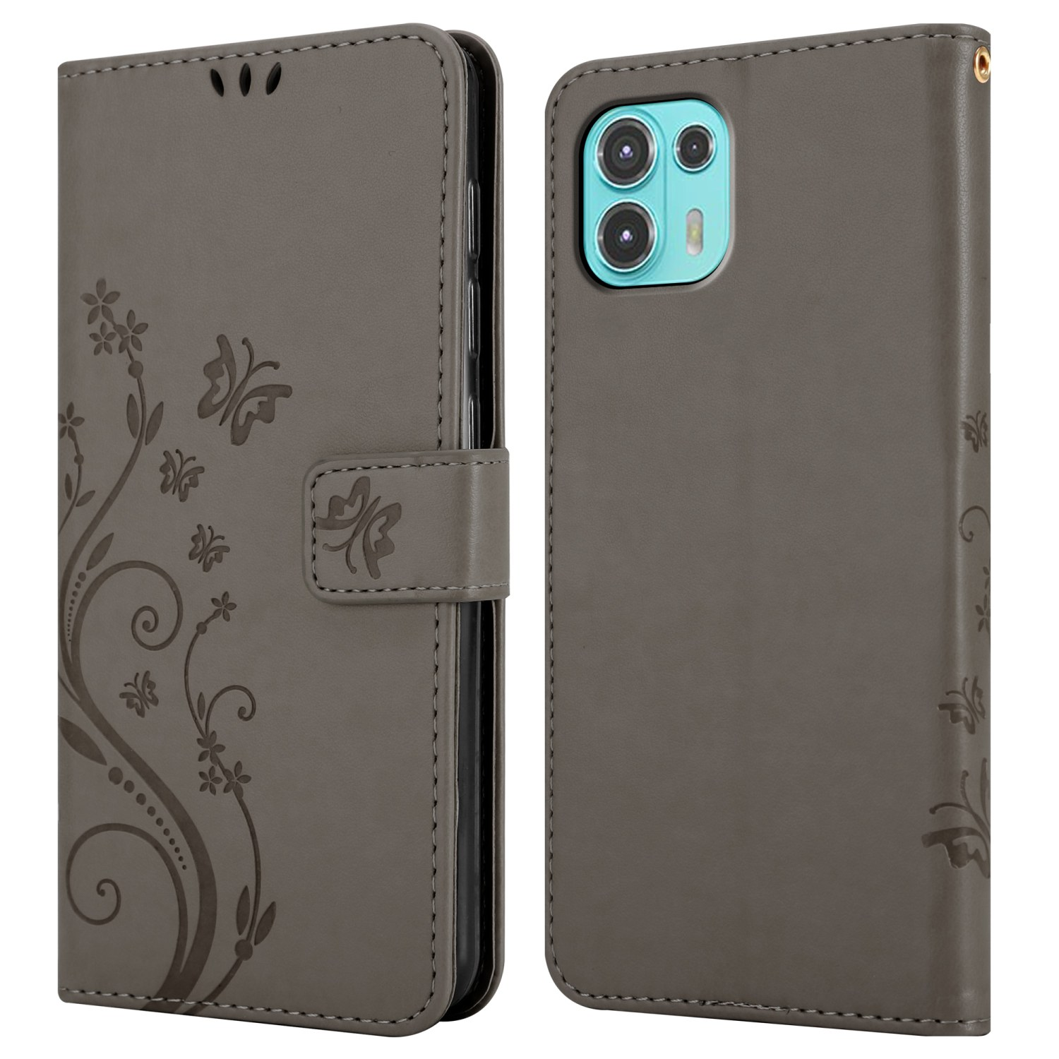 Custodia del telefono grigia aperta. Design floreale. Farfalle. Mostrato davanti e dietro.