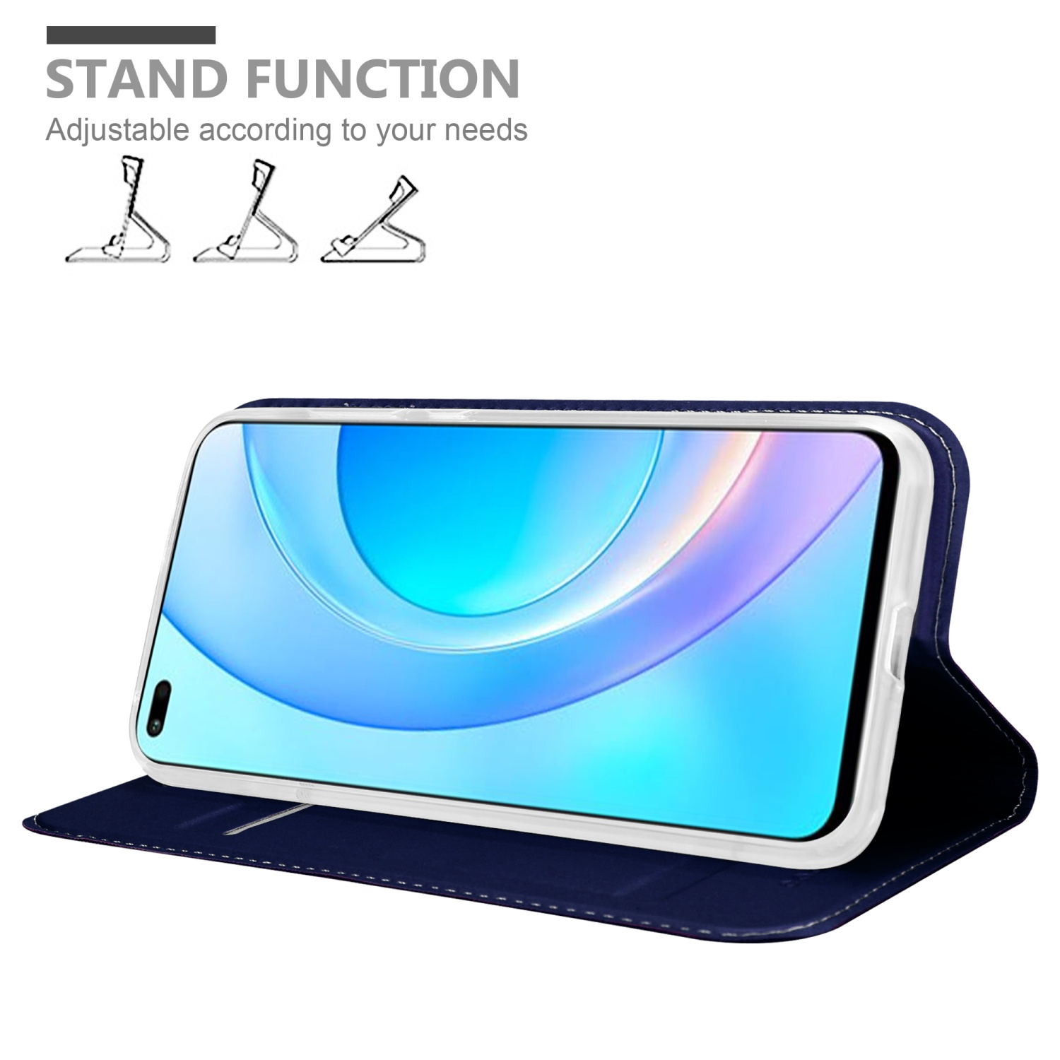 Un telefono è in una custodia blu scuro su una superficie bianca. La custodia è aperta, con icone della funzione stand.