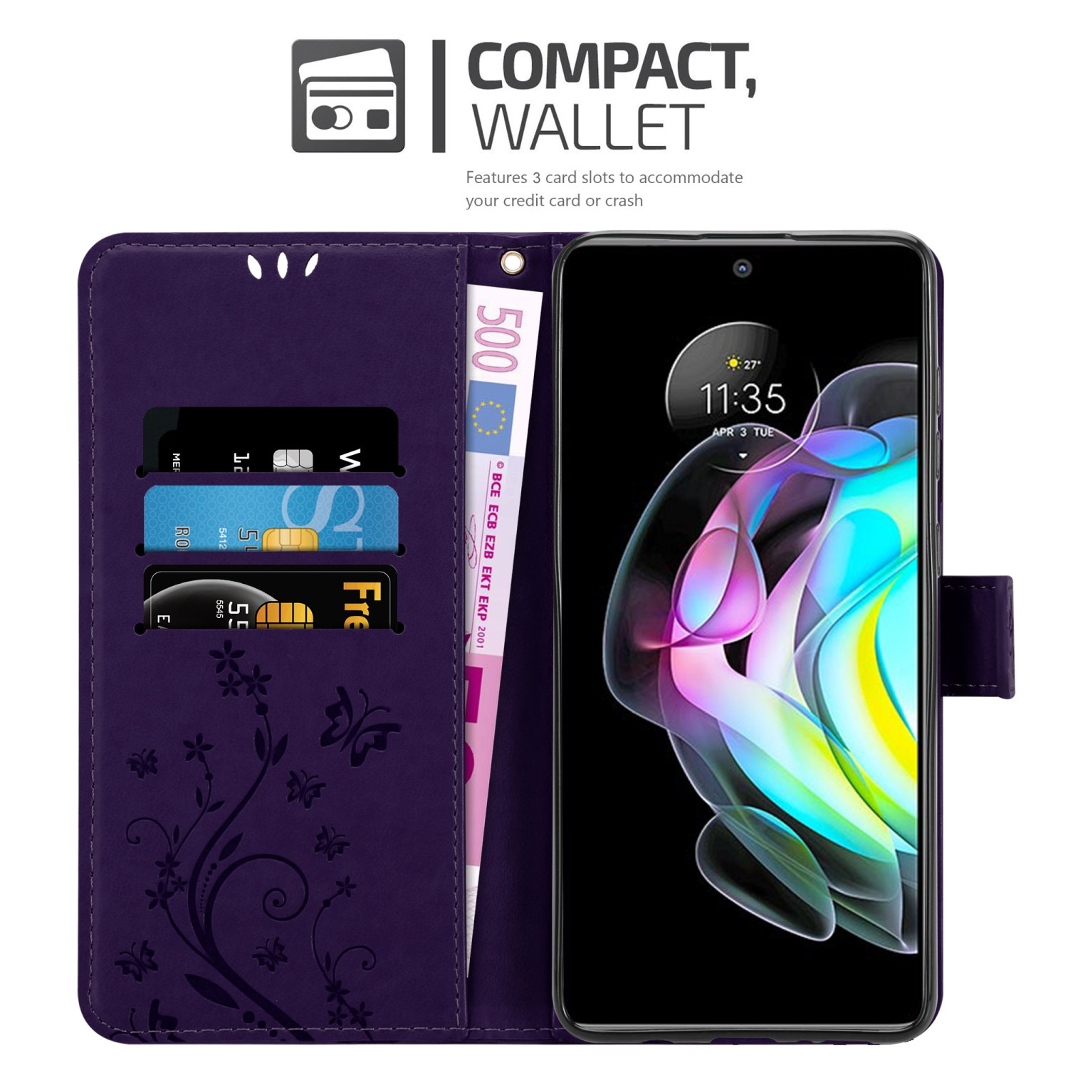 Custodia a portafoglio viola con telefono, carte e contanti. Design floreale a sinistra. Lo schermo del telefono mostra l'ora.