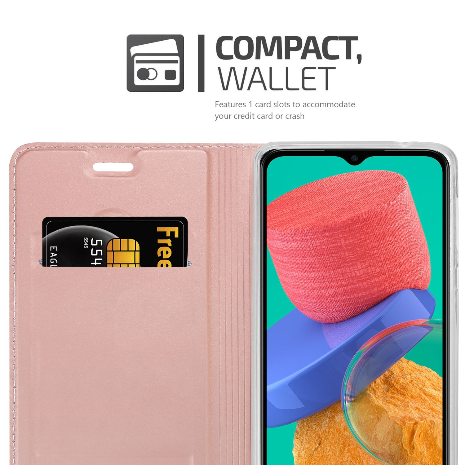 Custodia per telefono rosa aperta. Telefono all'interno. Sfondo bianco. Dispone di uno slot per schede.