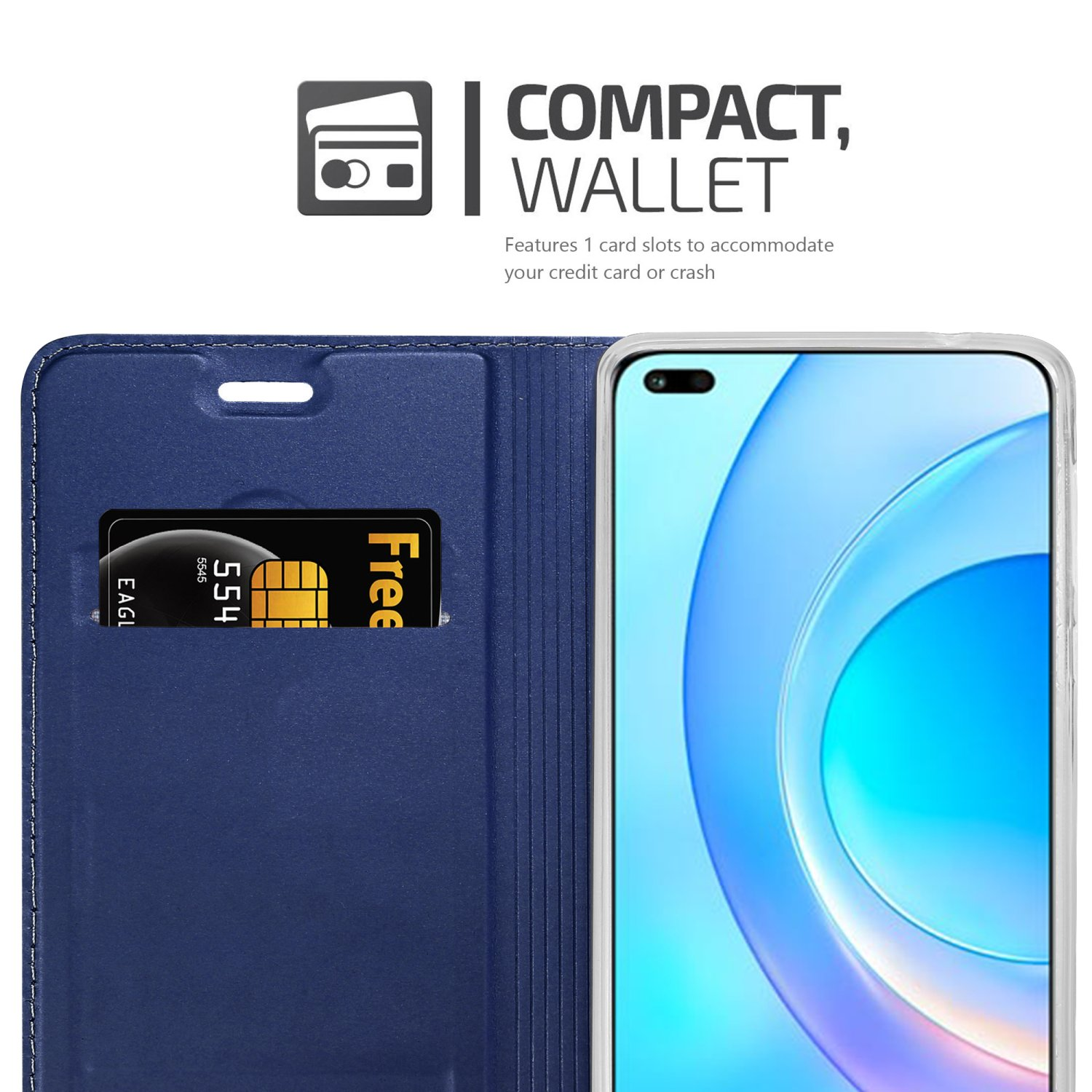 Custodia per telefono blu con fessura per carte. Una carta nera è nella fessura. Lo schermo del telefono è visibile.