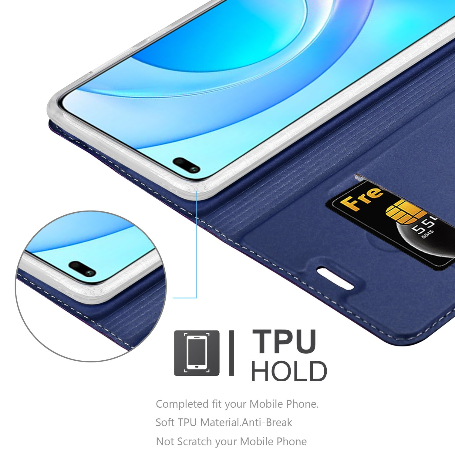 Custodia del telefono blu aperta. Telefono all'interno. Testo di supporto TPU e materiale anti-rottura.