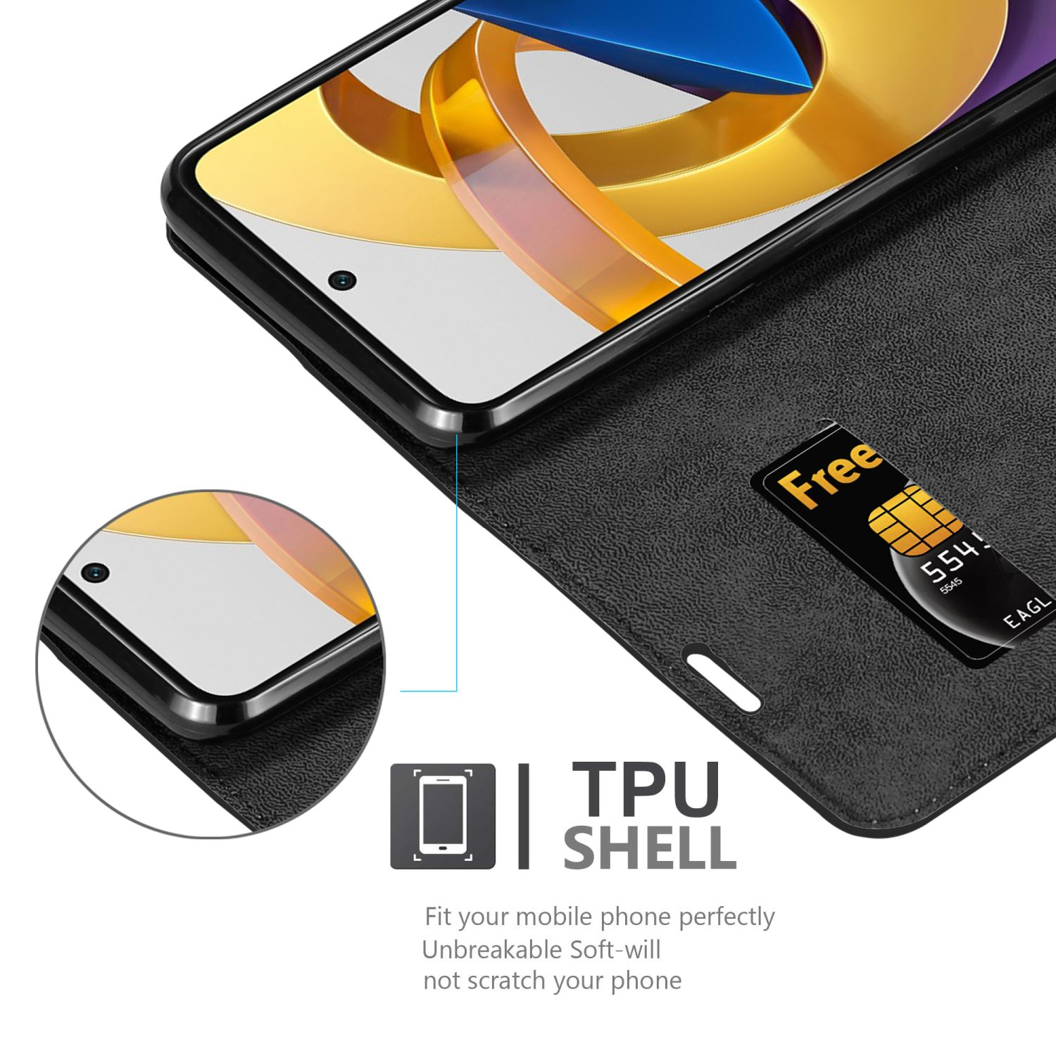 Custodia nera con telefono, SIM e testo TPU SHELL.