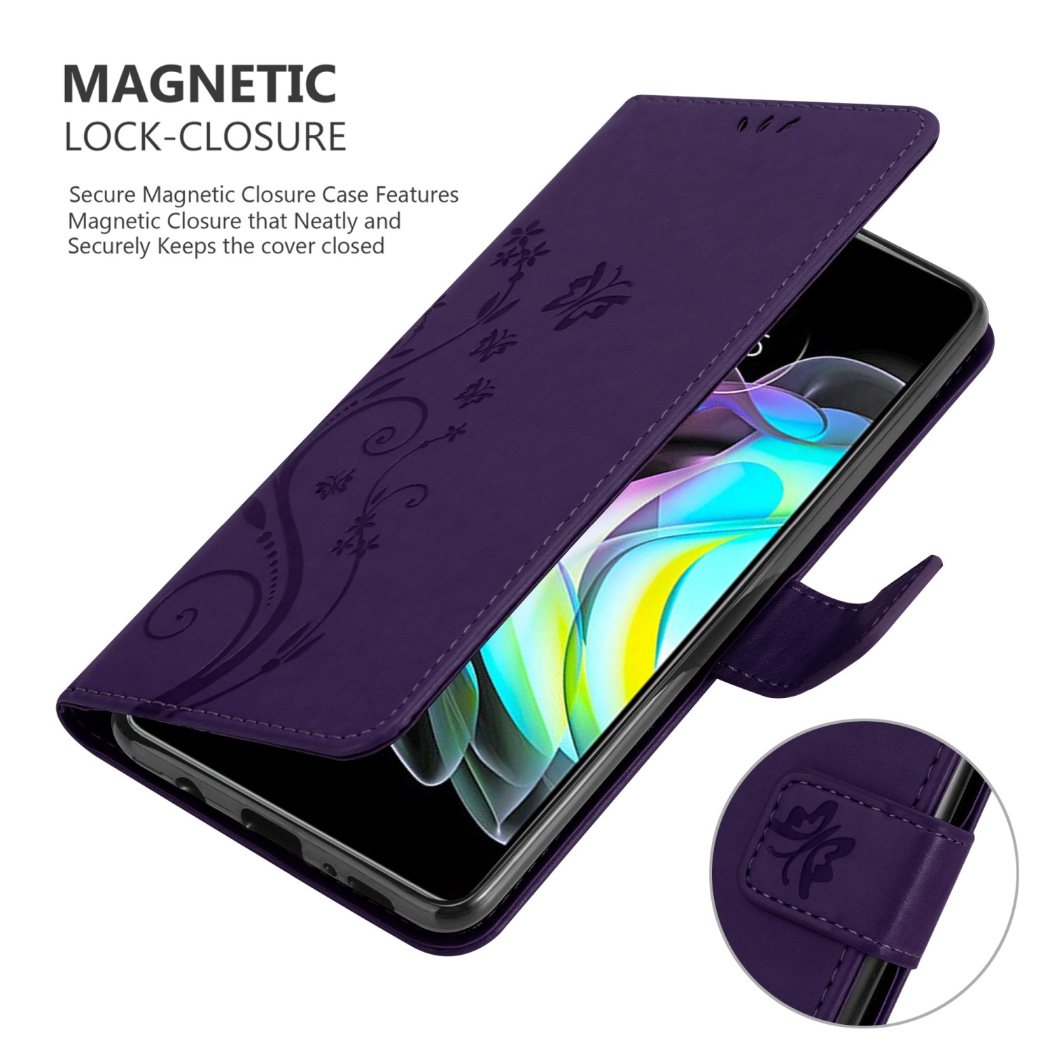 Custodia viola con design floreale, aperta per rivelare un telefono. Chiusura magnetica mostrata.