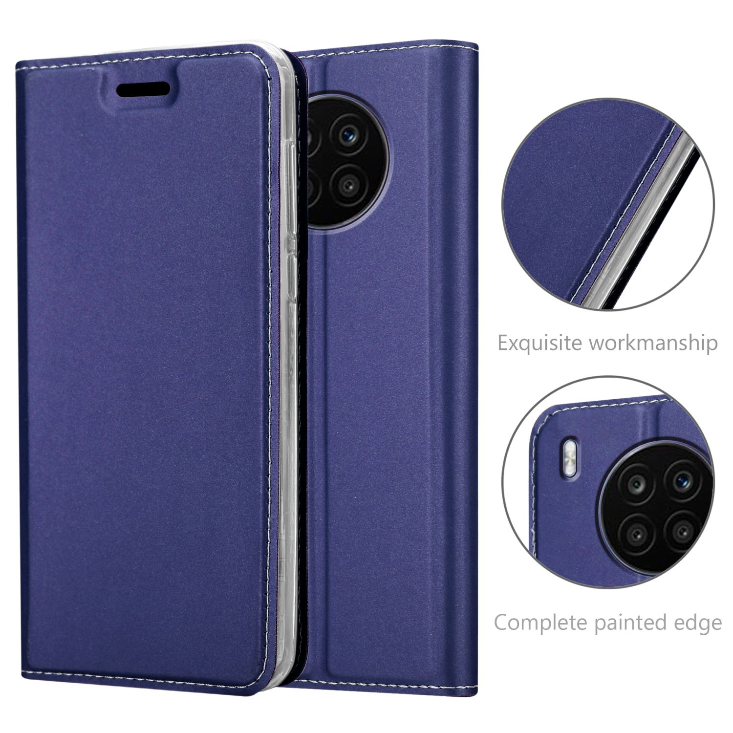 Una custodia blu, con un telefono dentro e dettagli del suo design.