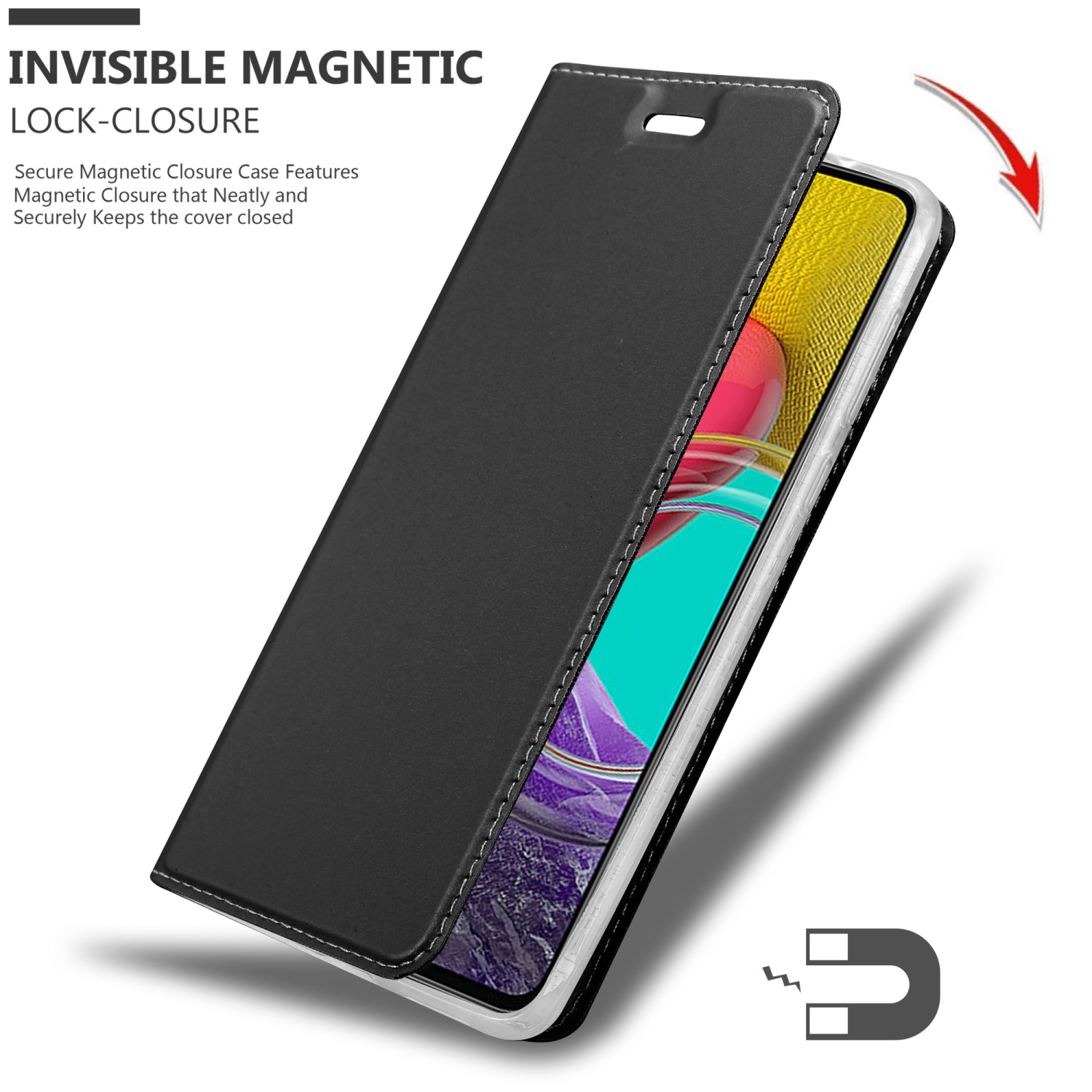 Custodia per telefono nera aperta. Il telefono è all'interno. Vengono mostrati un magnete e un'icona a freccia.