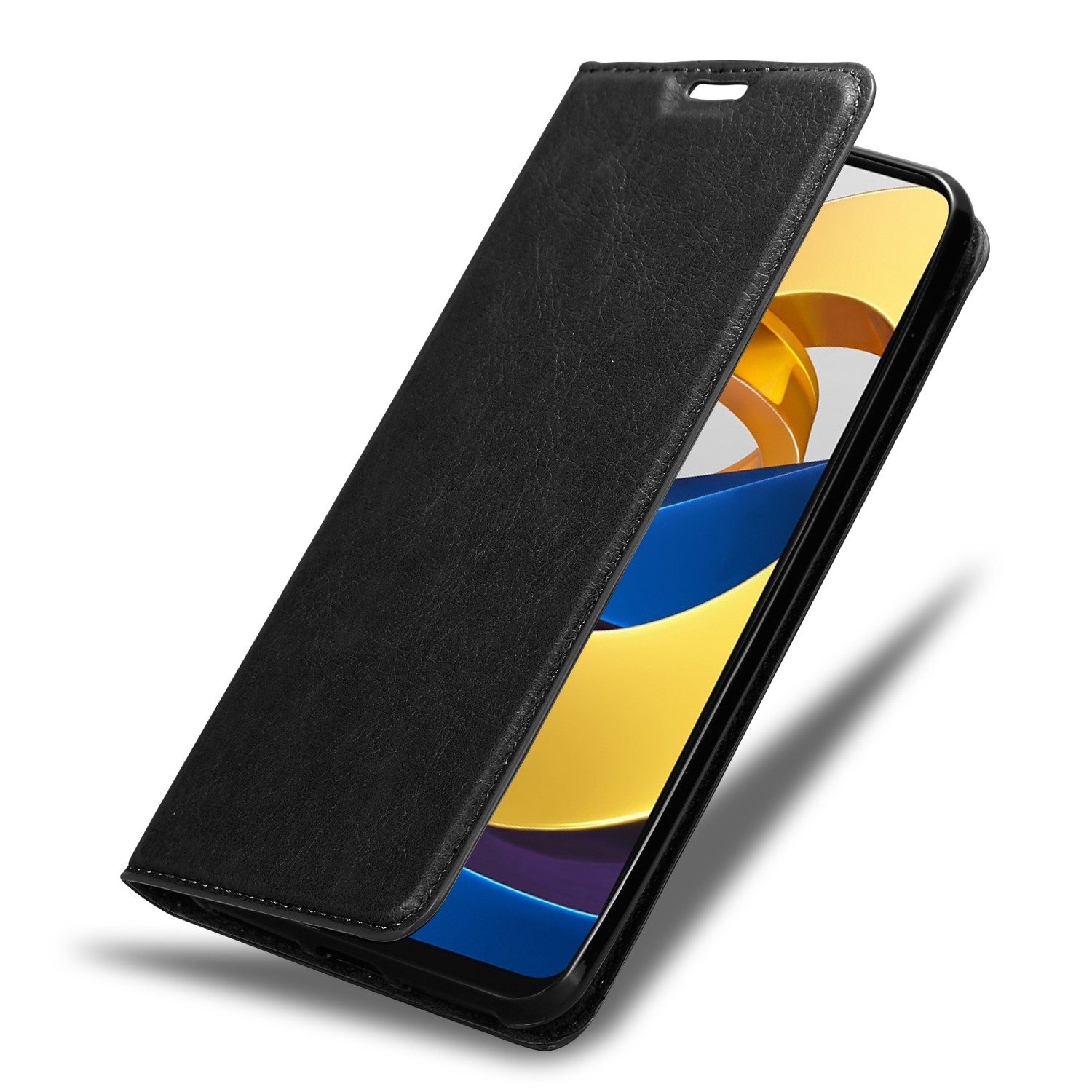 Schwarze Handyhülle, offen, zeigt ein Telefon mit blauem und gelbem Bildschirm. Lederhülle.