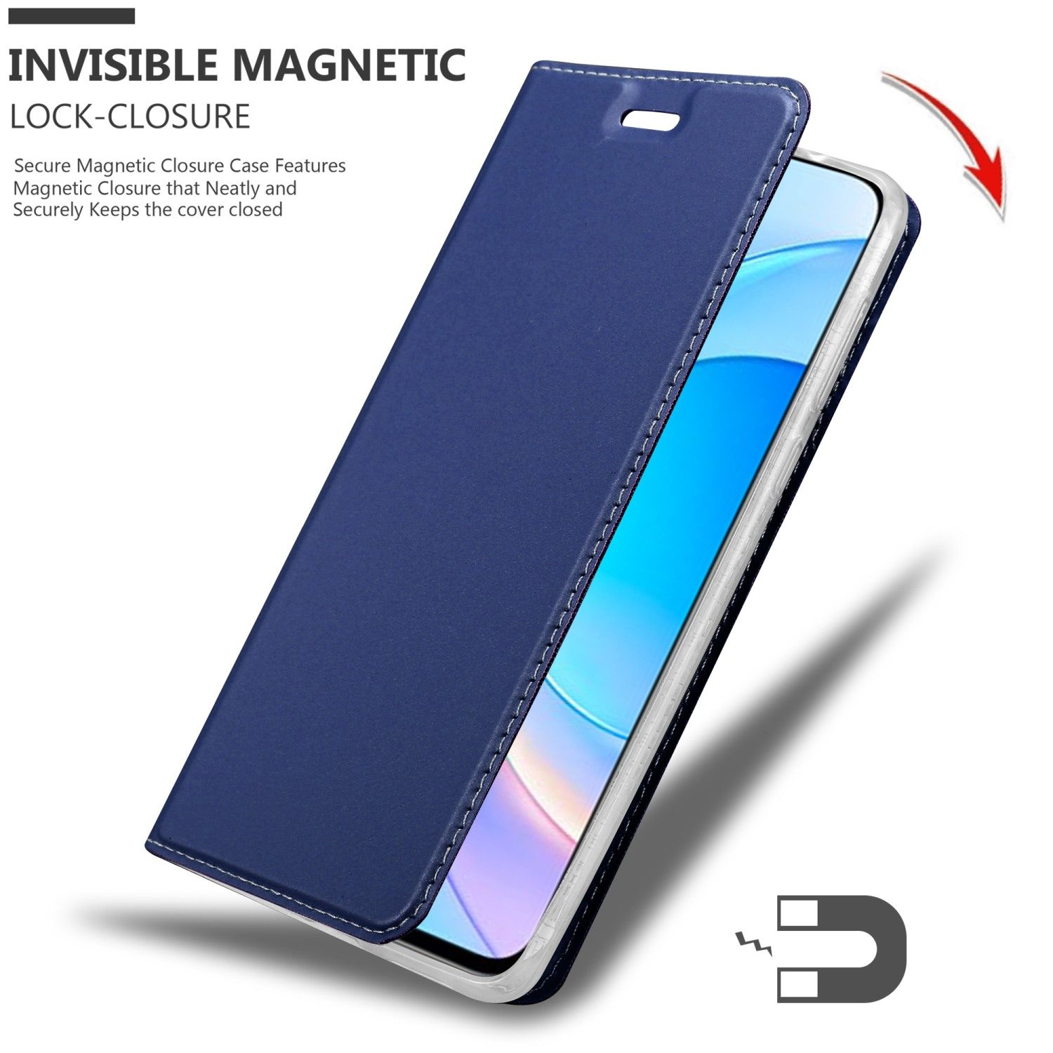 Custodia blu con telefono. La custodia è aperta. Chiusura magnetica. Sfondo bianco.