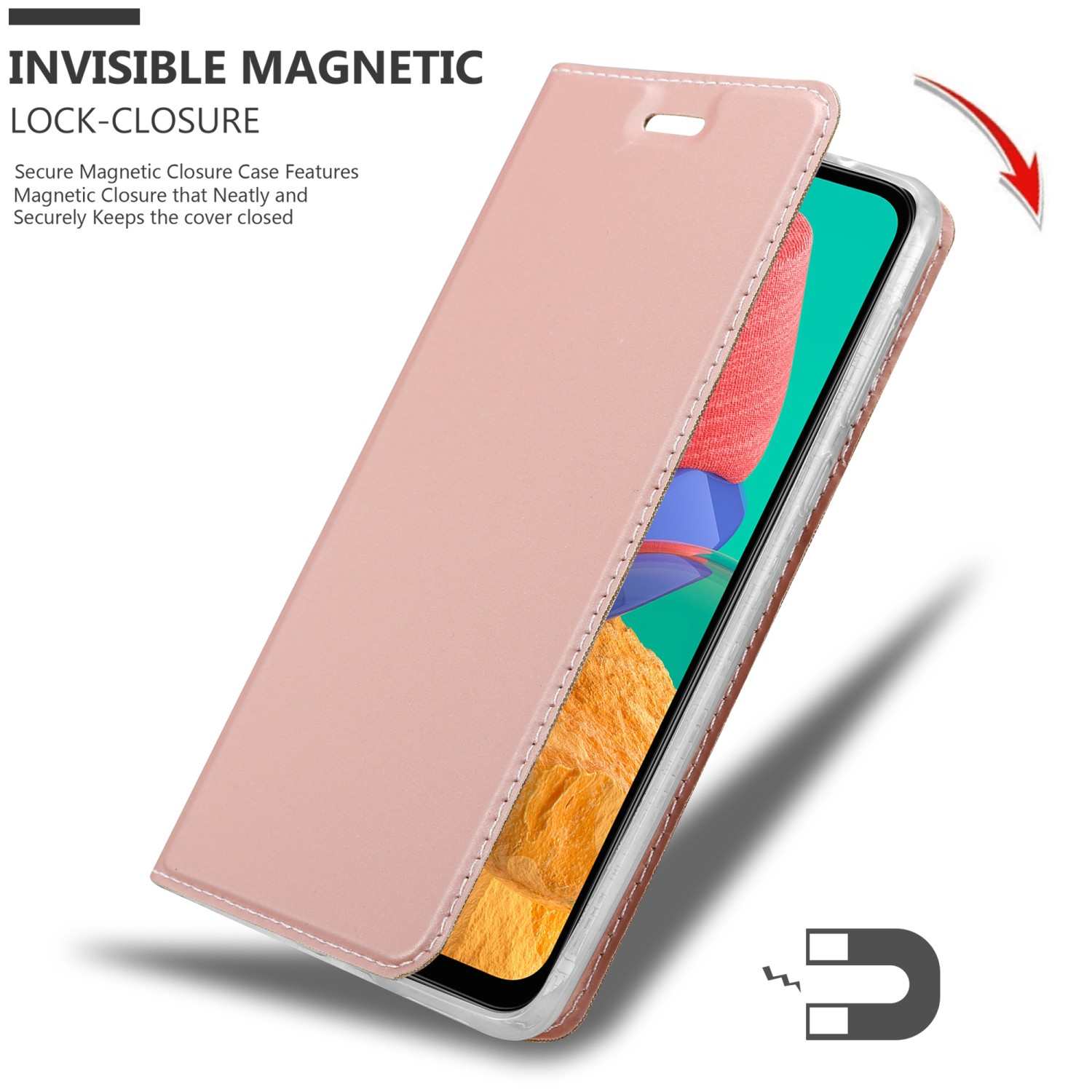Custodia per telefono rosa con chiusura magnetica. Un telefono è mostrato all'interno.