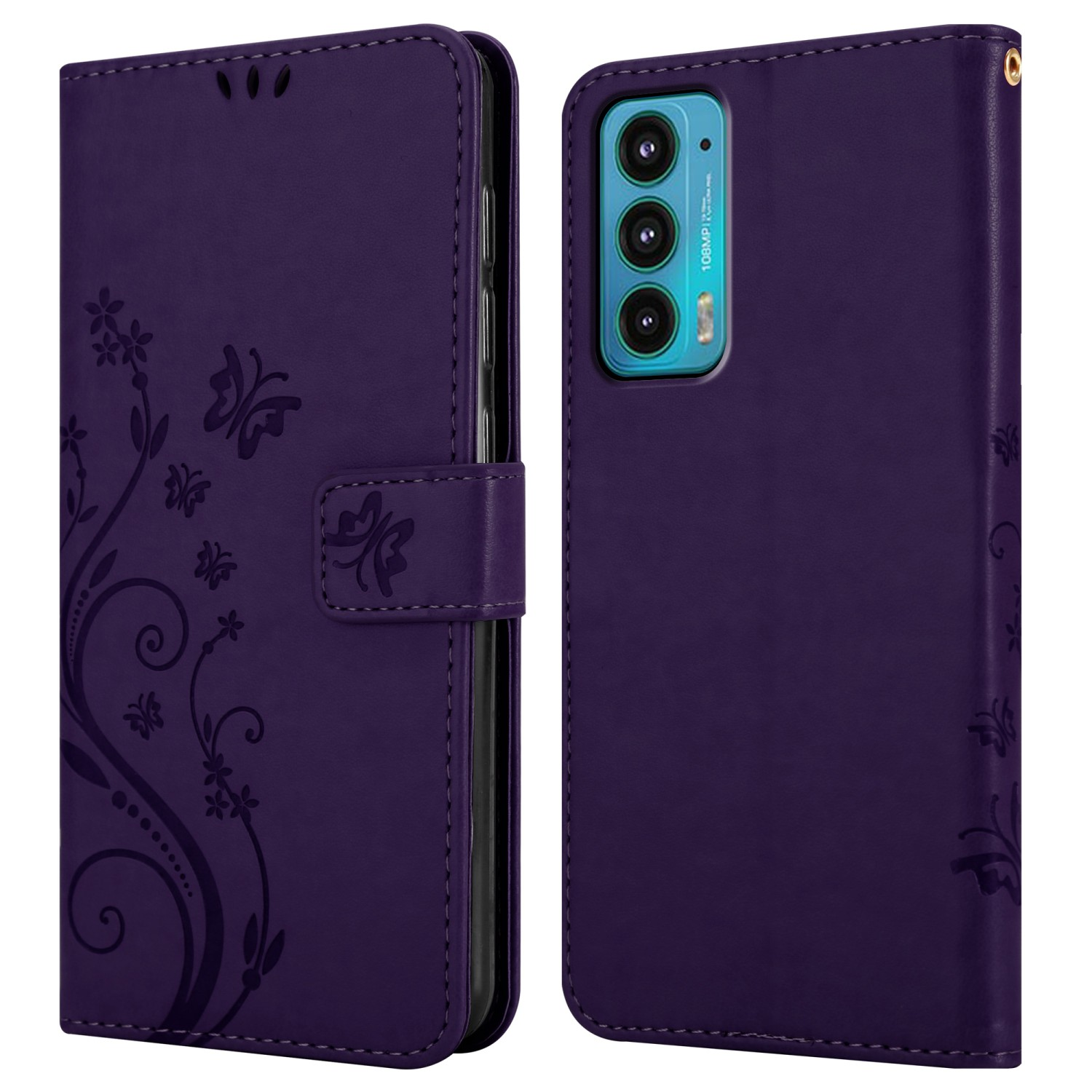 Custodia viola per telefono con design floreale e telefono all'interno. La custodia è chiusa. Il telefono ha tre fotocamere.