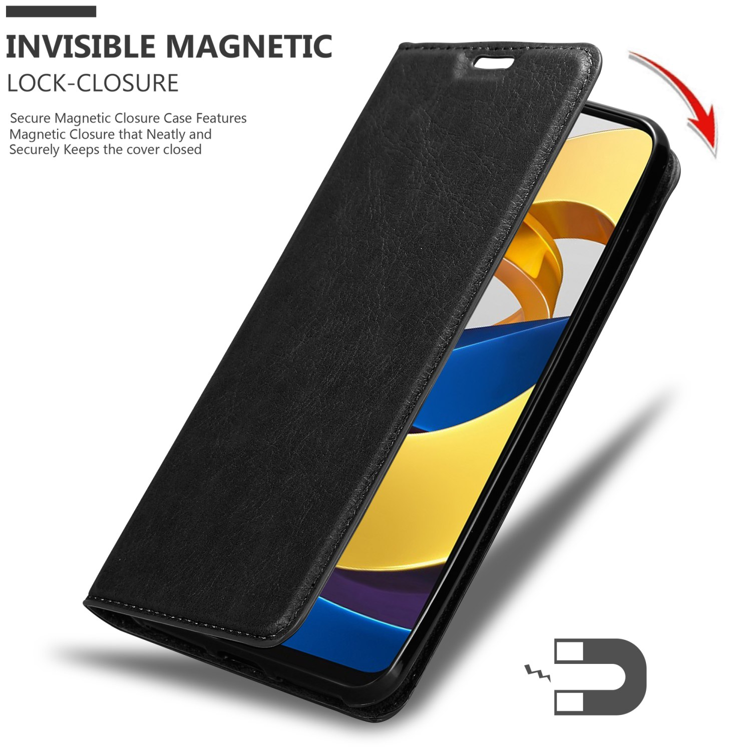 Una custodia nera aperta, rivela lo schermo. Un magnete e una freccia indicano la funzione di blocco.