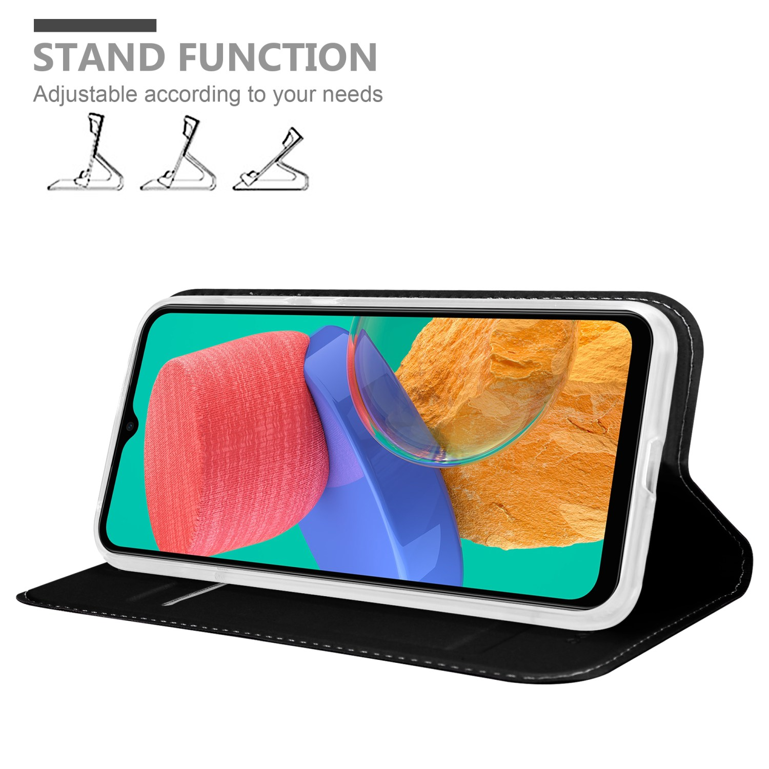 Handyhülle mit Standfunktion, schwarz und weiß, mit Smartphone, das ein farbenfrohes Bild zeigt.