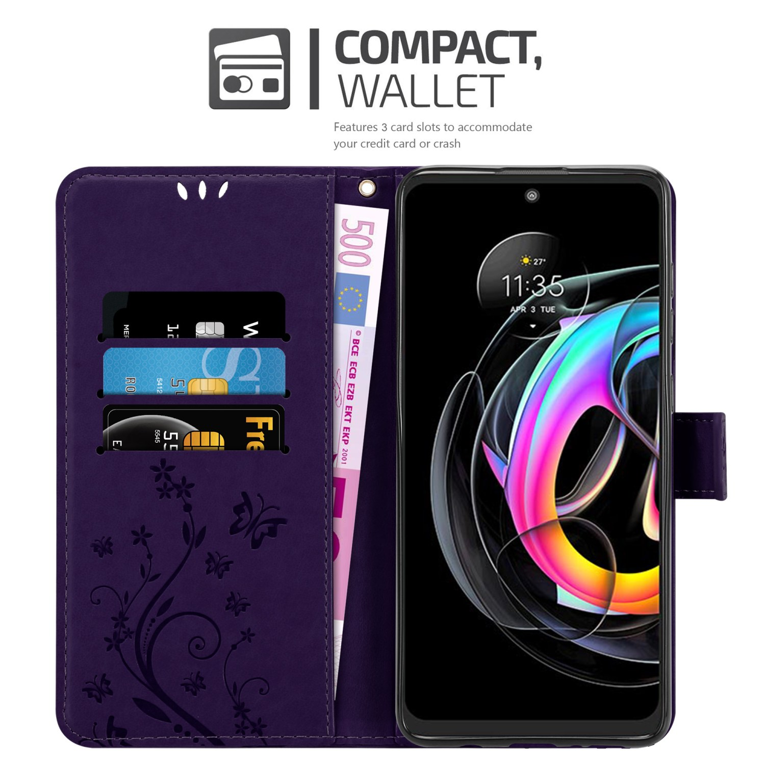 Custodia a portafoglio viola con telefono, denaro e carte. Testo: Portafoglio compatto. Design floreale a sinistra.