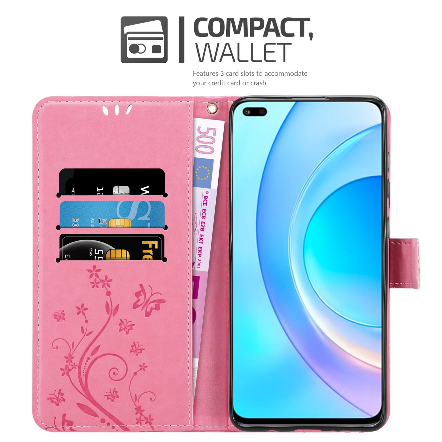 Custodia rosa aperta con carte e denaro, e uno smartphone.