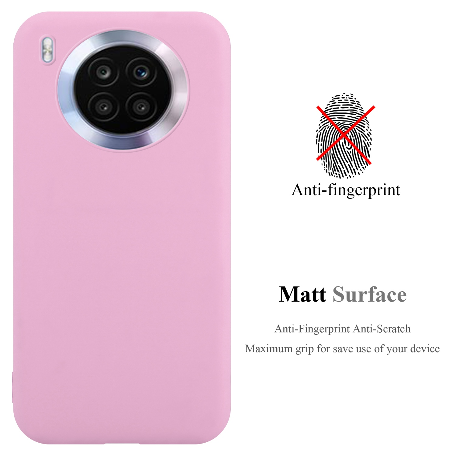 Custodia per telefono rosa, anti-impronte. Il retro ha un rigonfiamento della fotocamera.