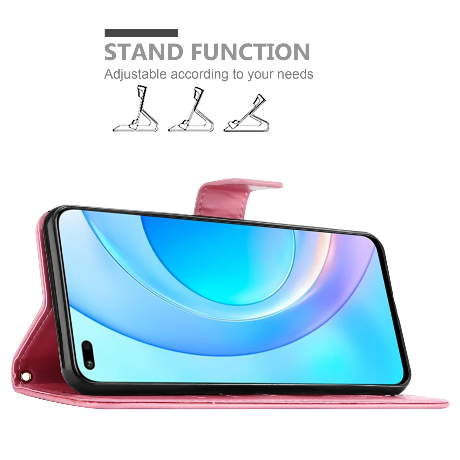 Custodia per telefono rosa con telefono che mostra uno schermo. Diagramma della funzione stand. Testo: Funzione stand, regolabile.