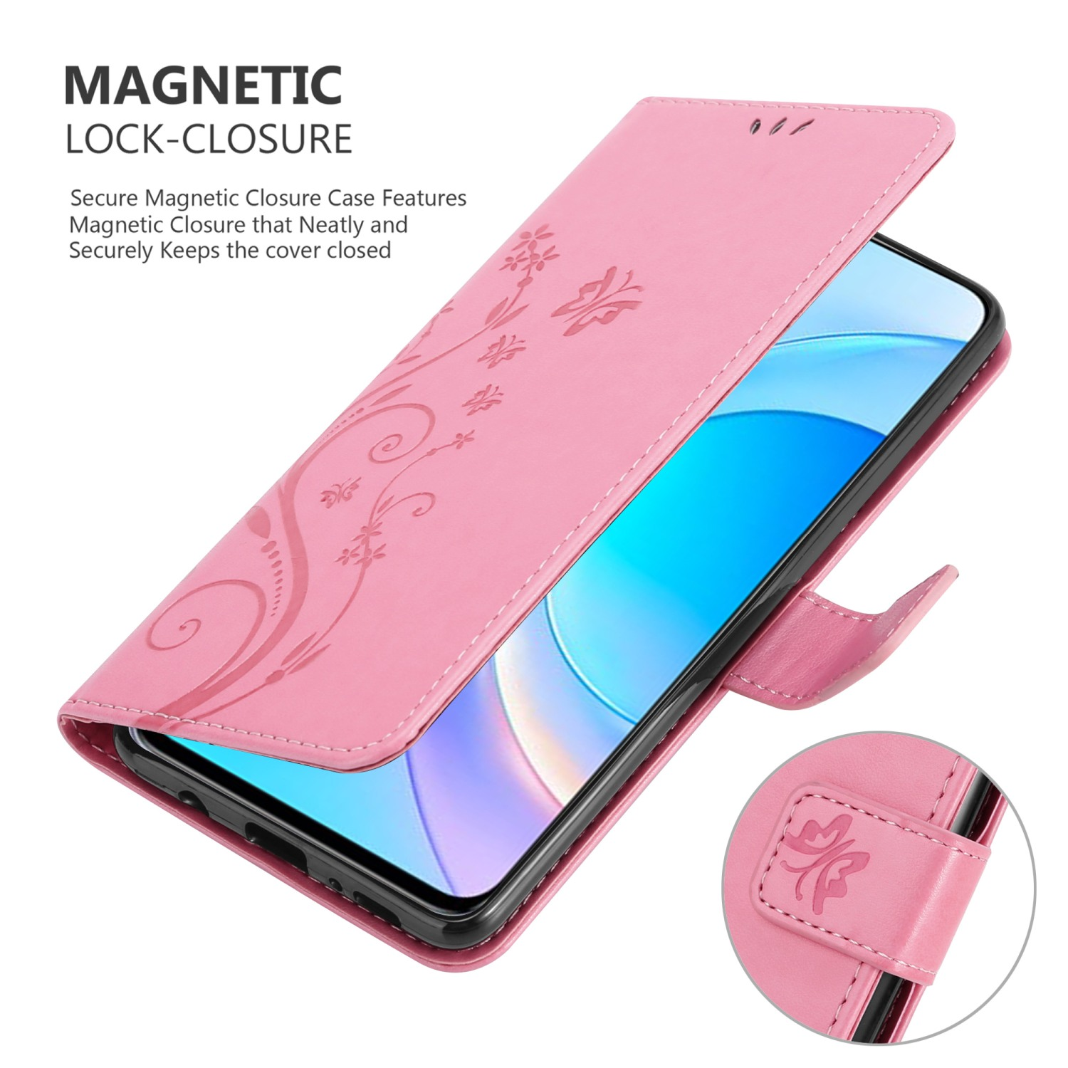 Custodia per telefono rosa, aperta, che mostra il telefono. Design floreale. Chiusura magnetica mantiene la cover chiusa.
