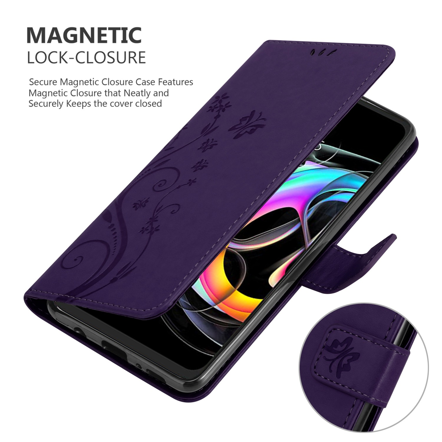 Custodia per telefono viola aperta, con telefono all'interno. Design floreale sulla cover. Testo: CHIUSURA MAGNETICA.