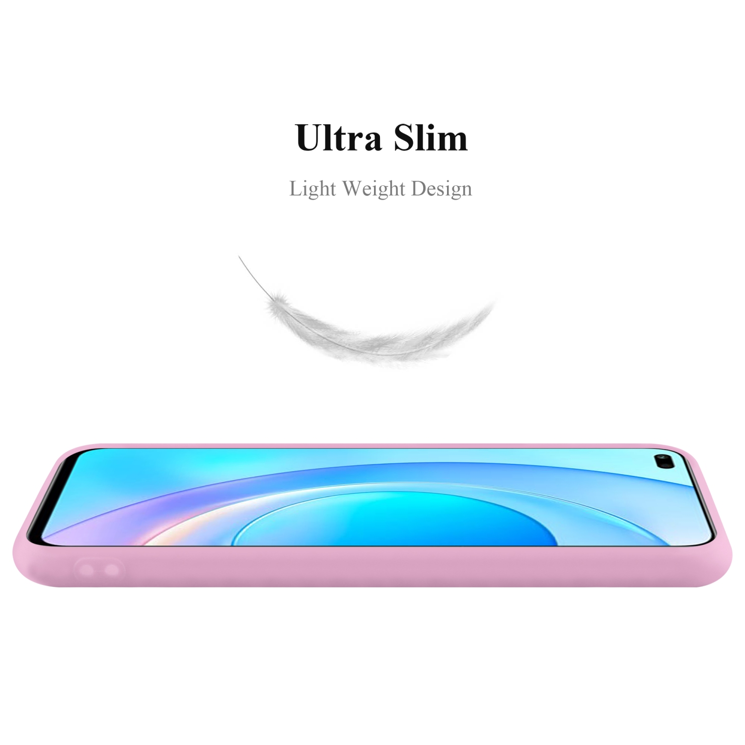 Custodia rosa per telefono su sfondo bianco. Testo: Ultra sottile, design leggero. Una piuma fluttua sopra.