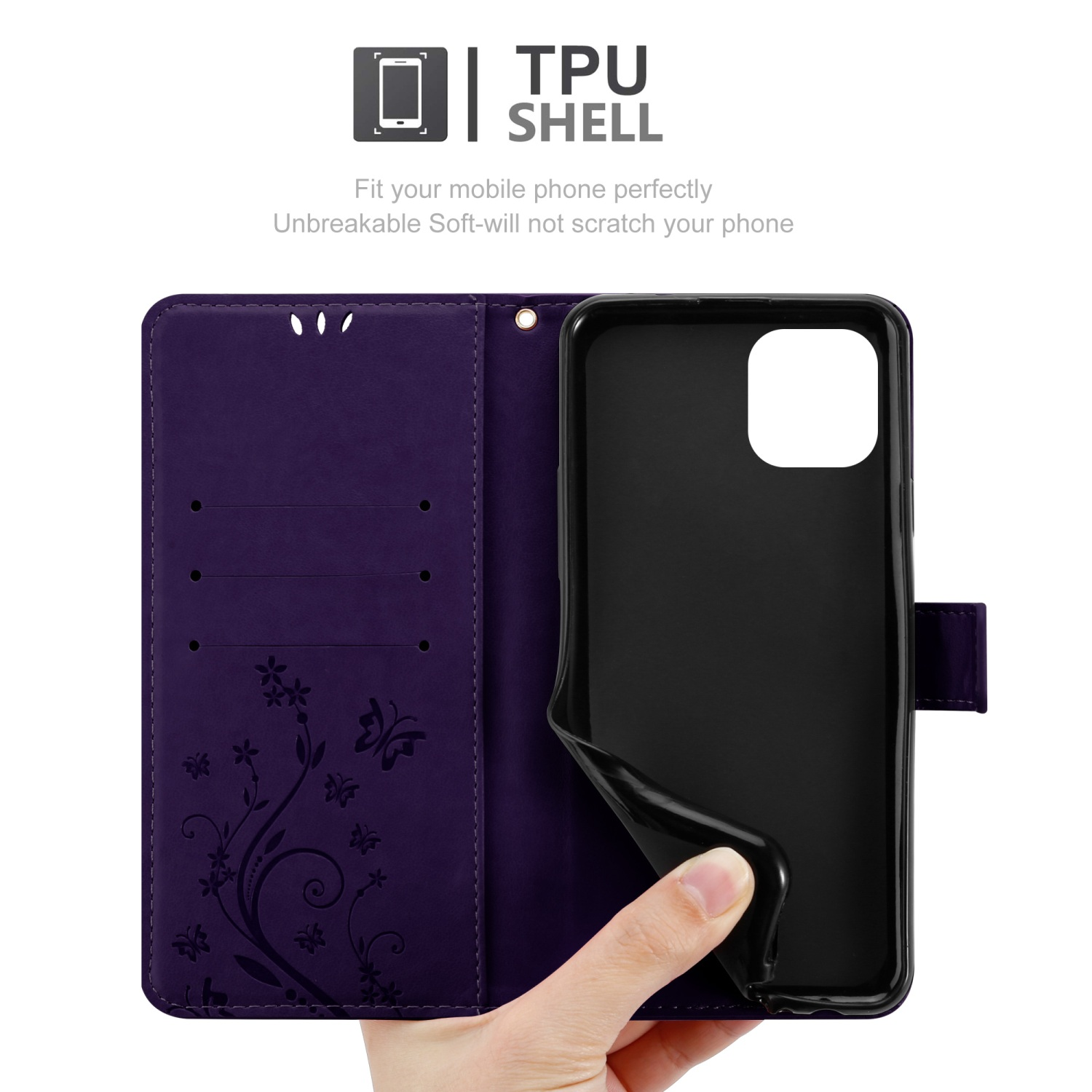 Custodia del telefono viola con telefono, design floreale e una mano.