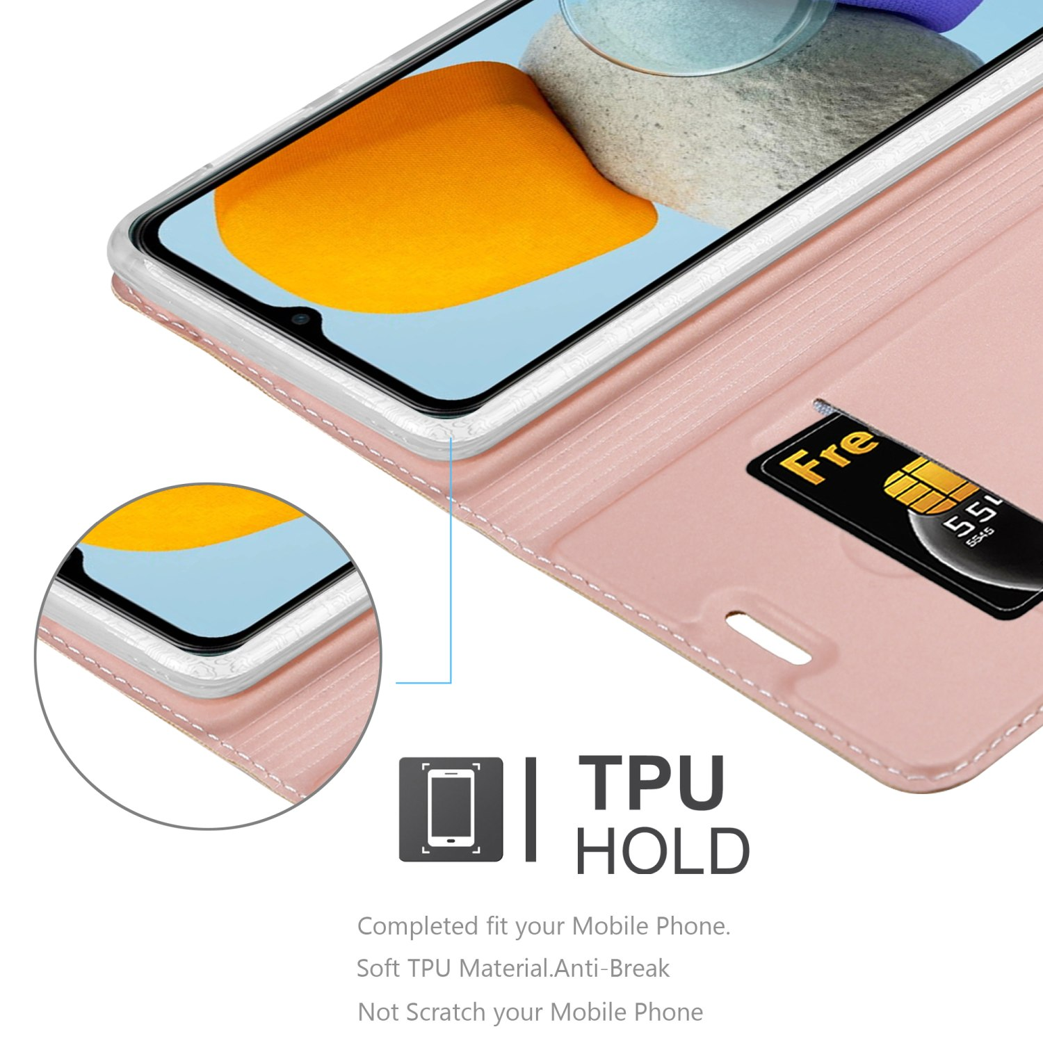 Custodia rosa con telefono all'interno. Una scheda SIM è nella custodia. Testo: TPU HOLD, Vestibilità completa, Materiale TPU morbido. Anti-rottura.