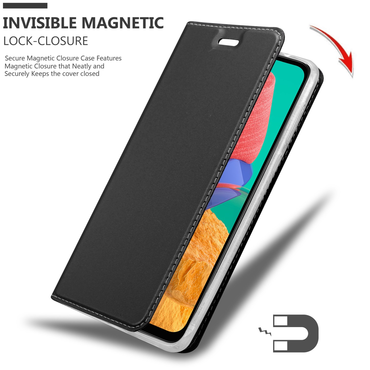 Eine schwarze Handyhülle mit einem Telefon und einem Magneten mit Magnetfeld.