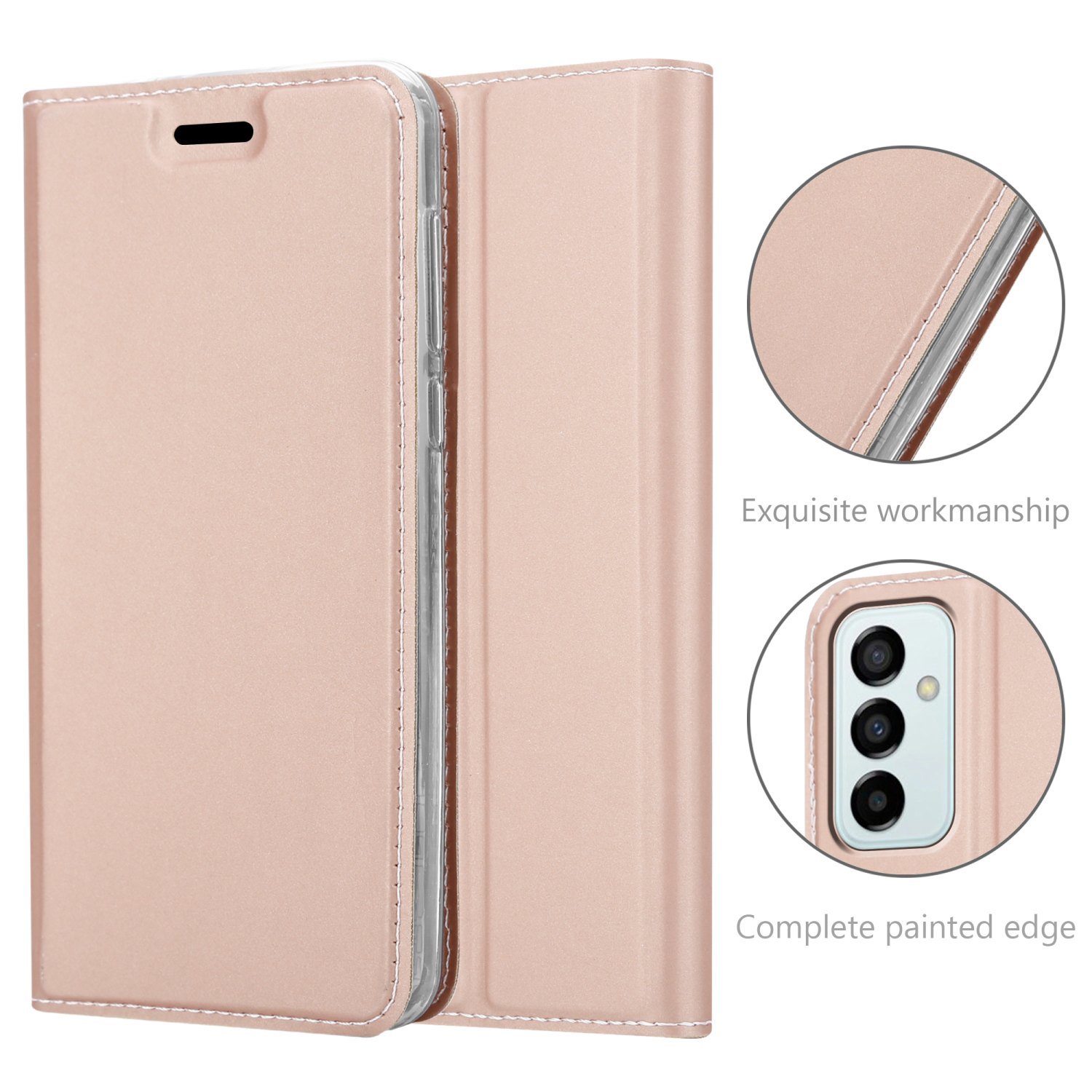 Custodia color oro rosa, aperta, che mostra il telefono. La custodia ha cuciture bianche. Dettagli del bordo e della fotocamera.