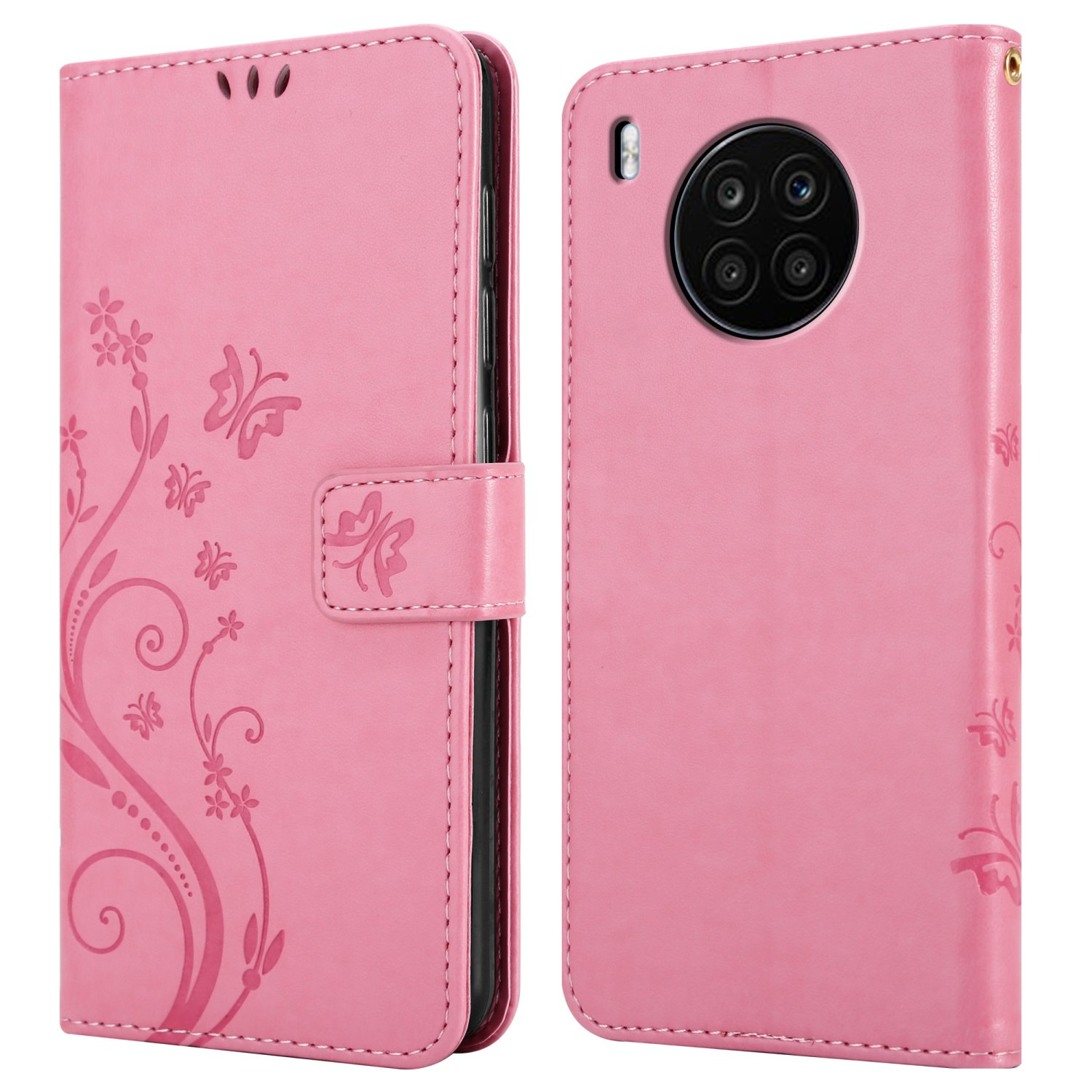 Una custodia rosa con disegni floreali e farfalle. La custodia è aperta, con un telefono all'interno.
