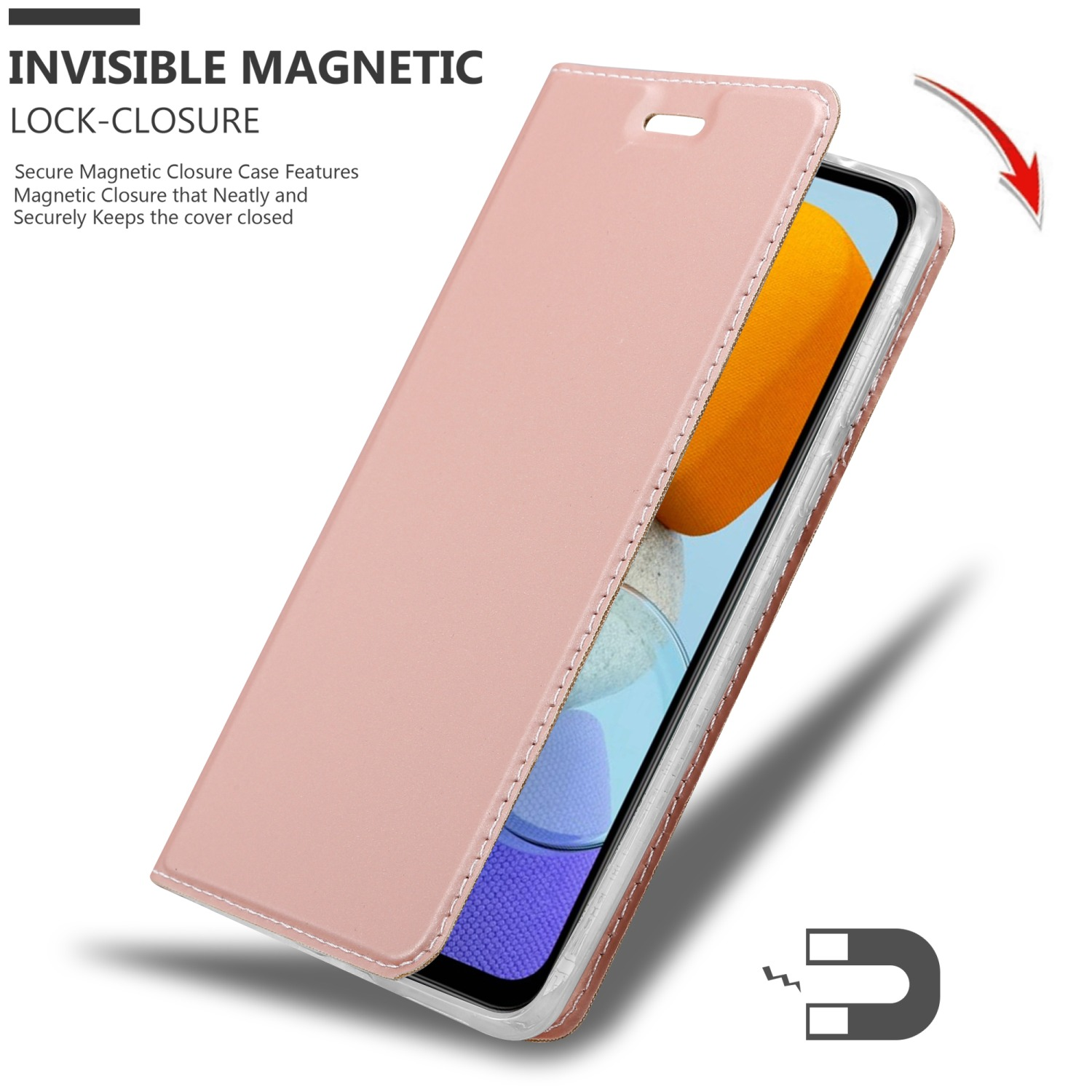 Custodia per telefono rosa, chiusa, con la cover che si apre. Il testo dice Chiusura a blocco magnetico invisibile.