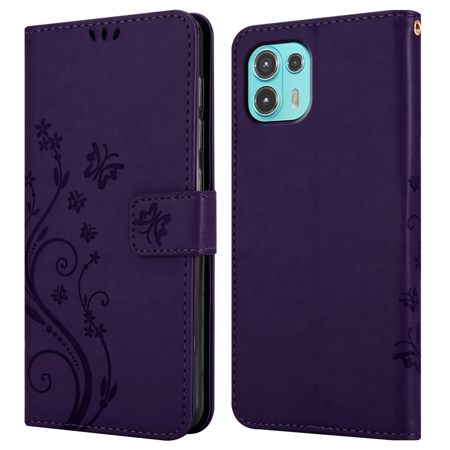 Custodia viola per telefono, aperta con design floreale, che mostra il telefono. La custodia tiene il telefono.